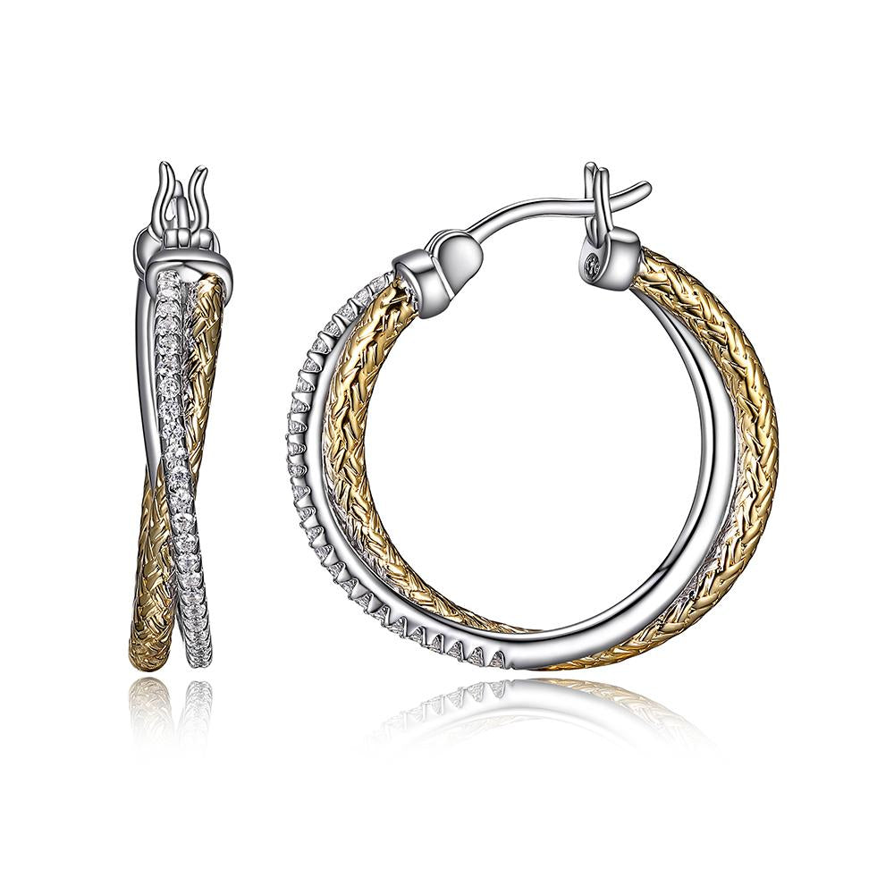 Sterling Silver 2Mm Mesh With Cz Hoop Earrings, Round Approximate 25Mm, 2 Tone, 18K Yellow Gold And Rhodium Finish