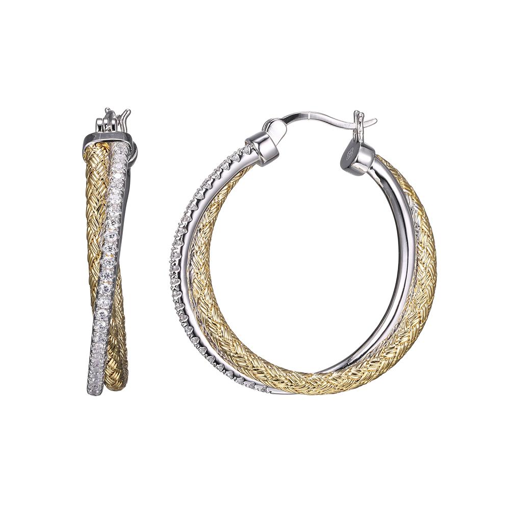 Sterling Silver 3Mm Mesh With Cz Hoop Earrings, Round Approximate 35Mm, 2 Tone, 18K Yellow Gold And Rhodium Finish