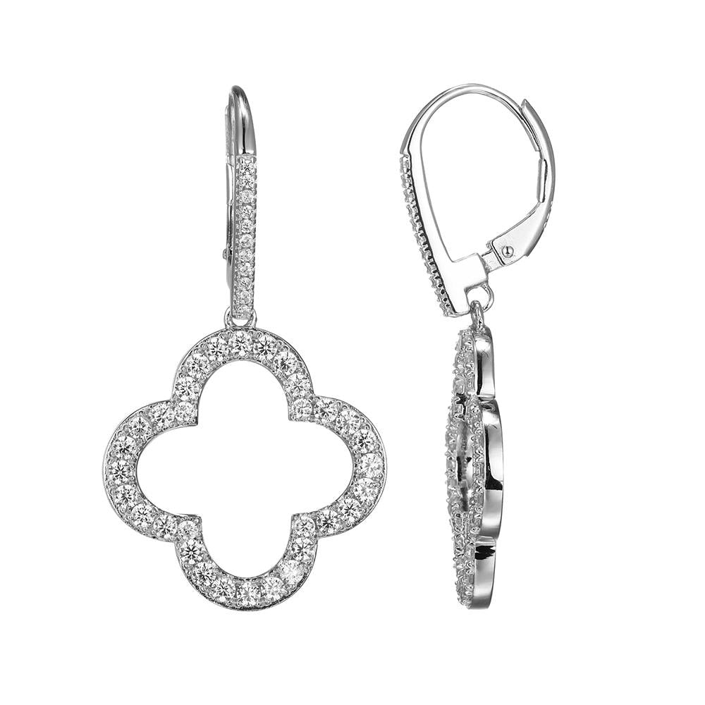 Sterling Silver 4 Lobe Earrings With Cz, Cz Lever Back, Rhodium Finish