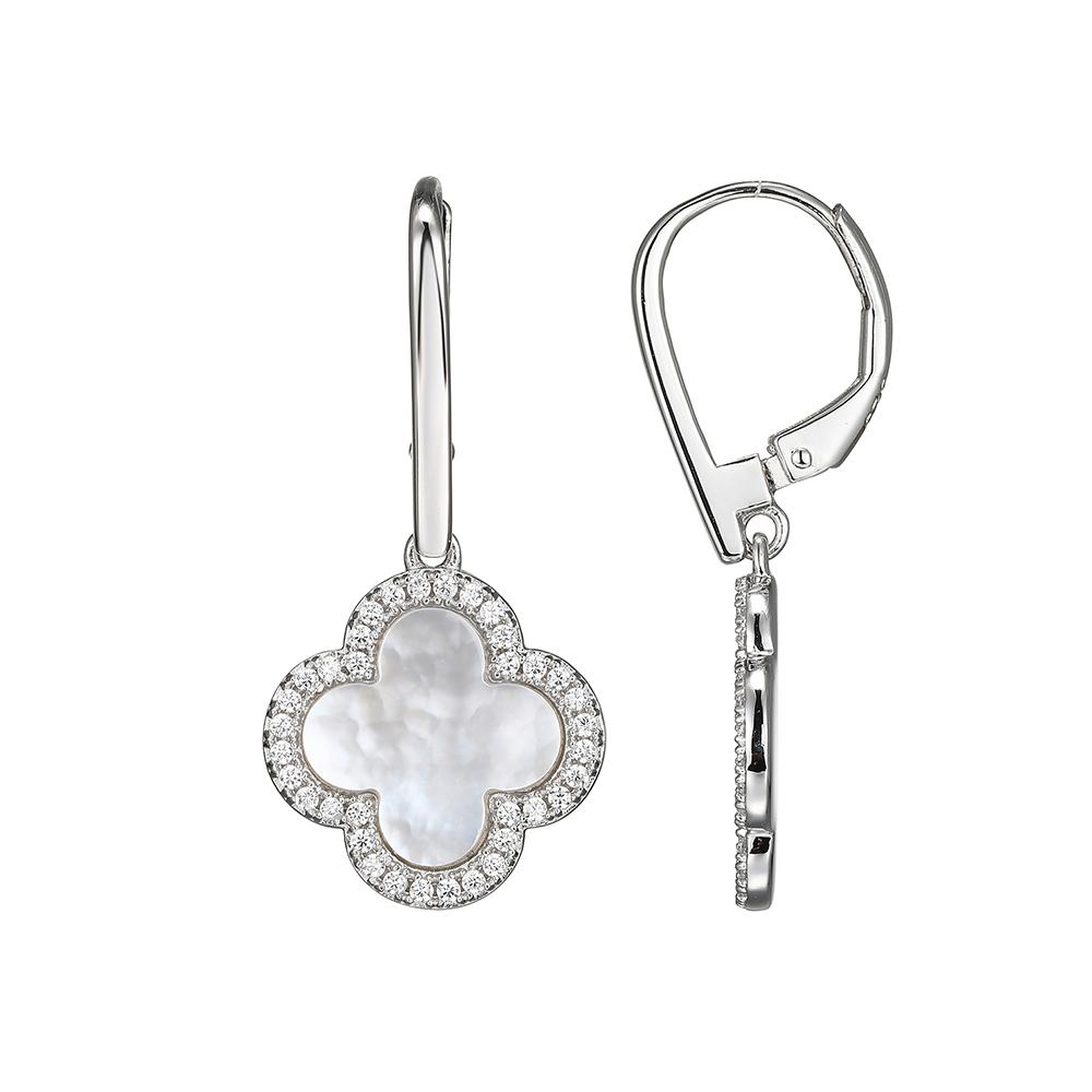 Sterling Silver Earrings With Clover Mother Of Pearl (12X12Mm) And Cz, Cz Lever Back, Rhodium Finish