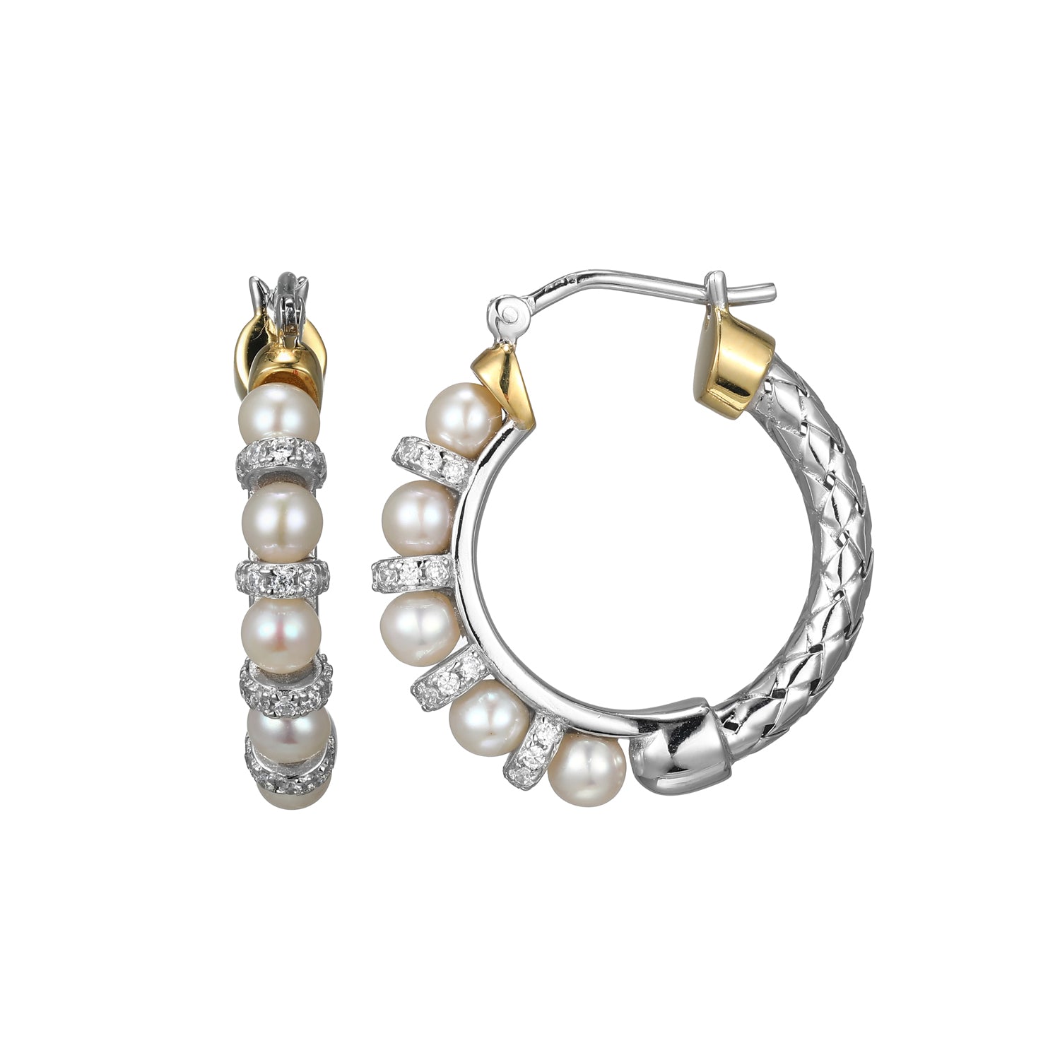 Sterling Silver 3Mm Mesh,  Freshwater Pearl(3.5-4.0Mm)And Cubic Zirconia  22Mm Hoop Earring Rhodium And Yellow Gold Finish