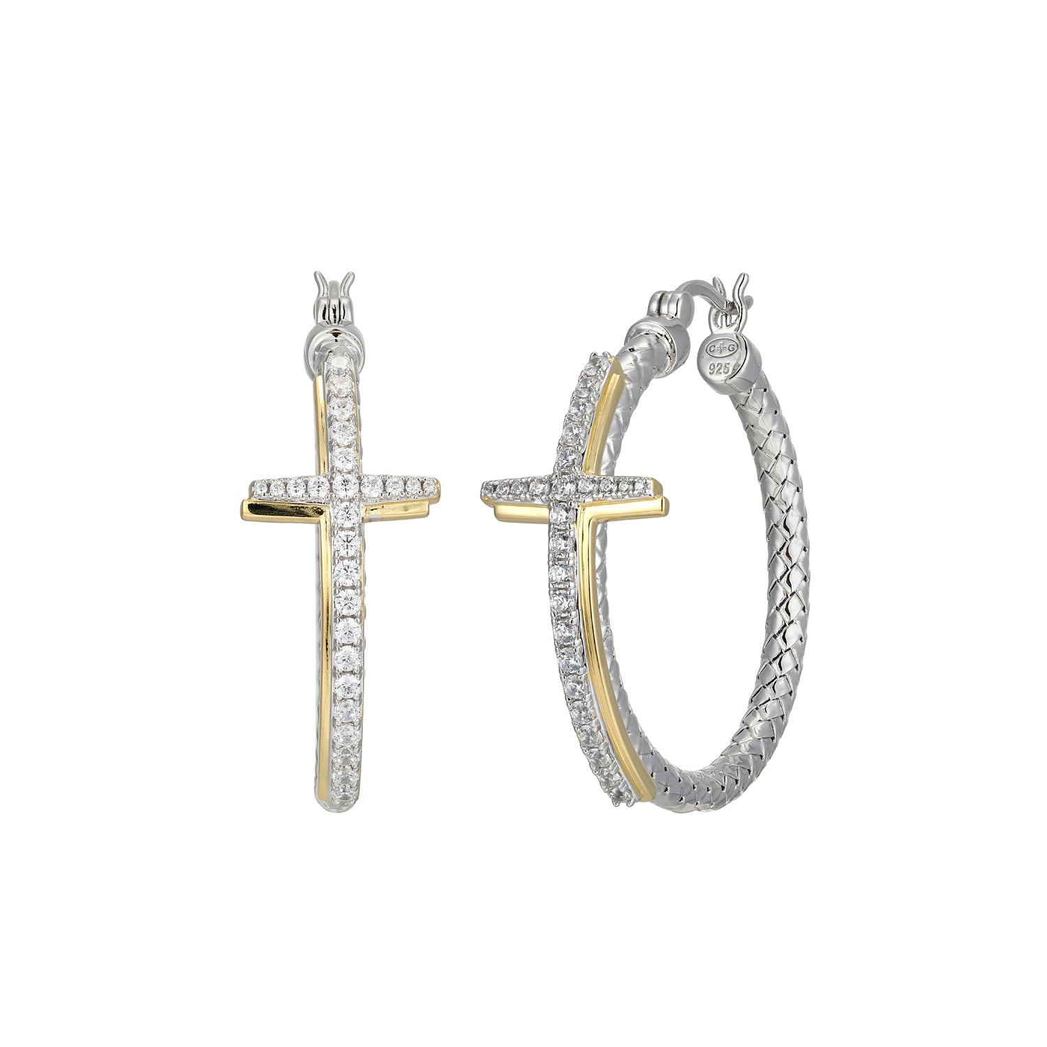Sterling Silver 3Mm Mesh 35Mm Cross Hoop Earring, Yellow Gold And Rhodium Finish