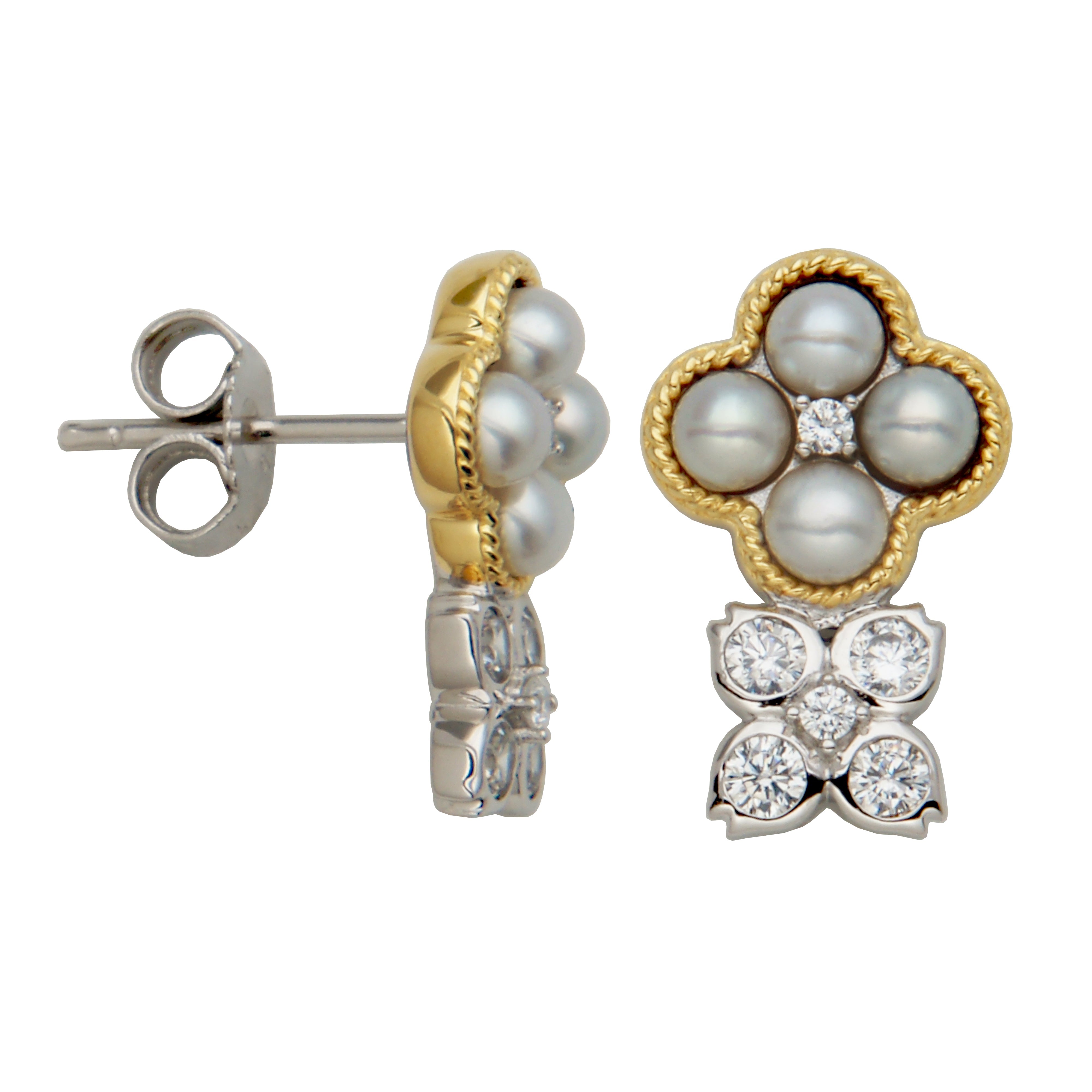 Sterling Silver Freshwater Pearl (3-3.5Mm) Cubic Zirconia Post Drop Earring Rhodium And Yellow Gold Finish