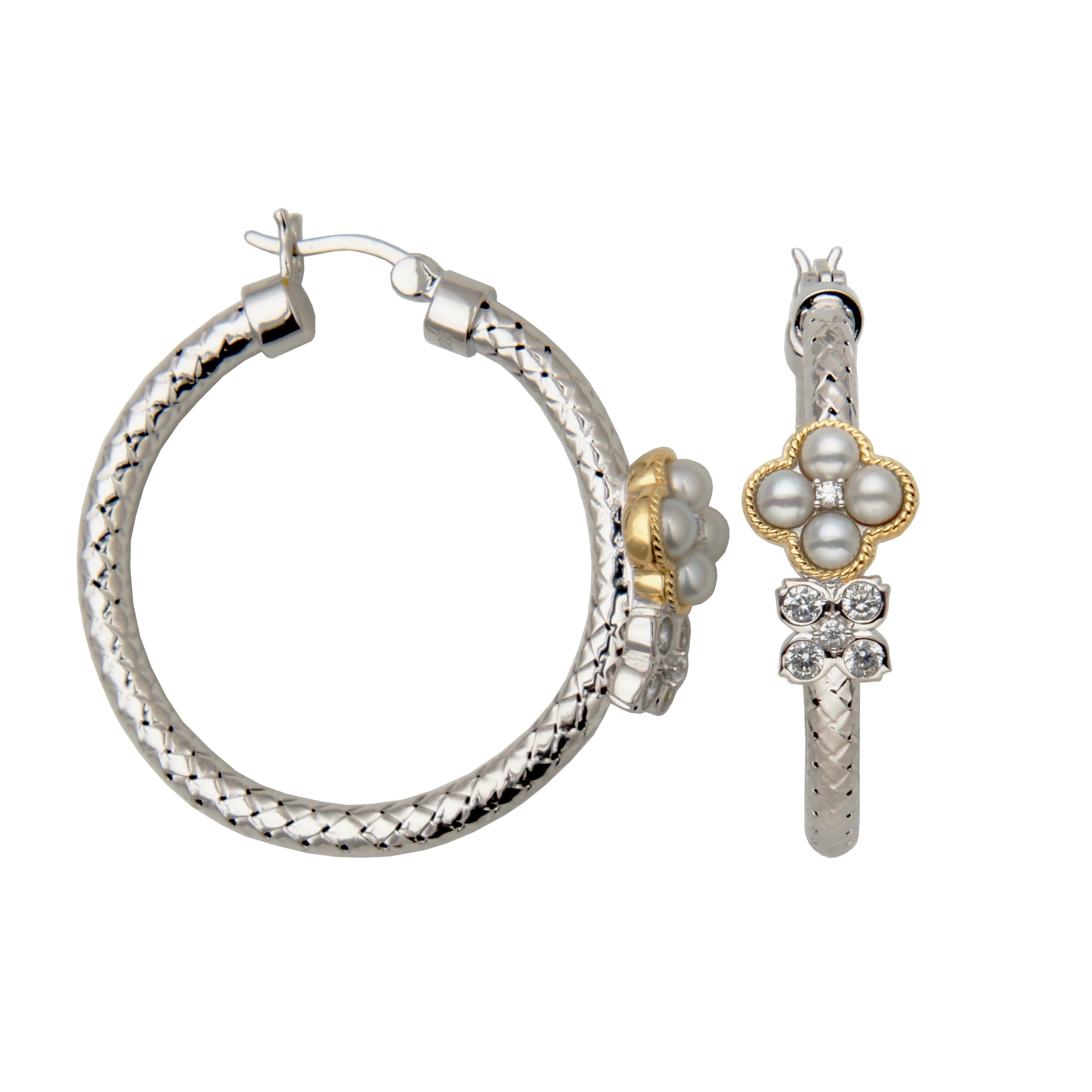 Sterling Silver Freshwater Pearl(3-3.5mm)cubic Zirconia 34.5mm Hoop Yellow Gold And Rhodium Finish