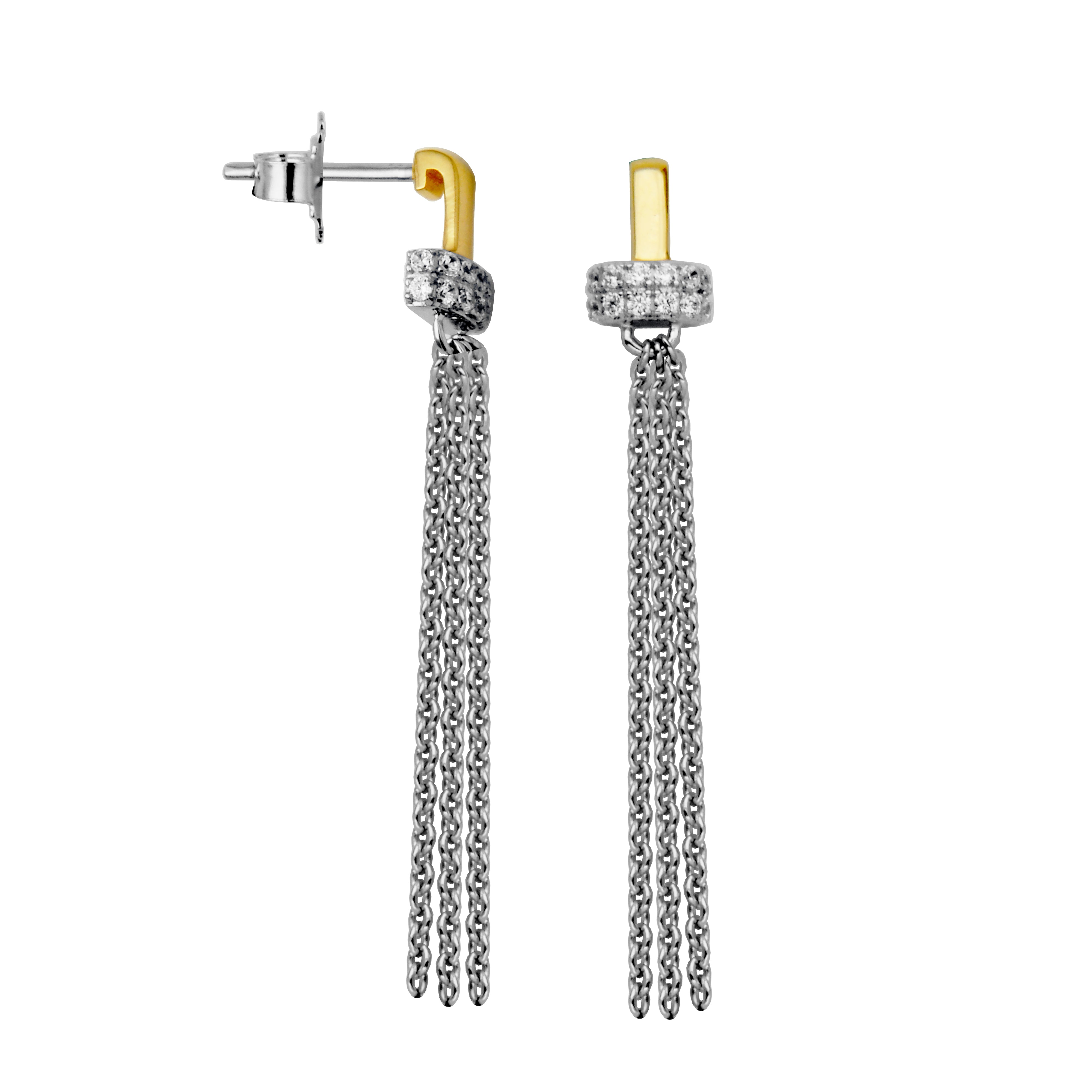 Sterling Silver Cubic Zirconia Post Chain Drop Earring Rhodium And Yellow Gold Finish