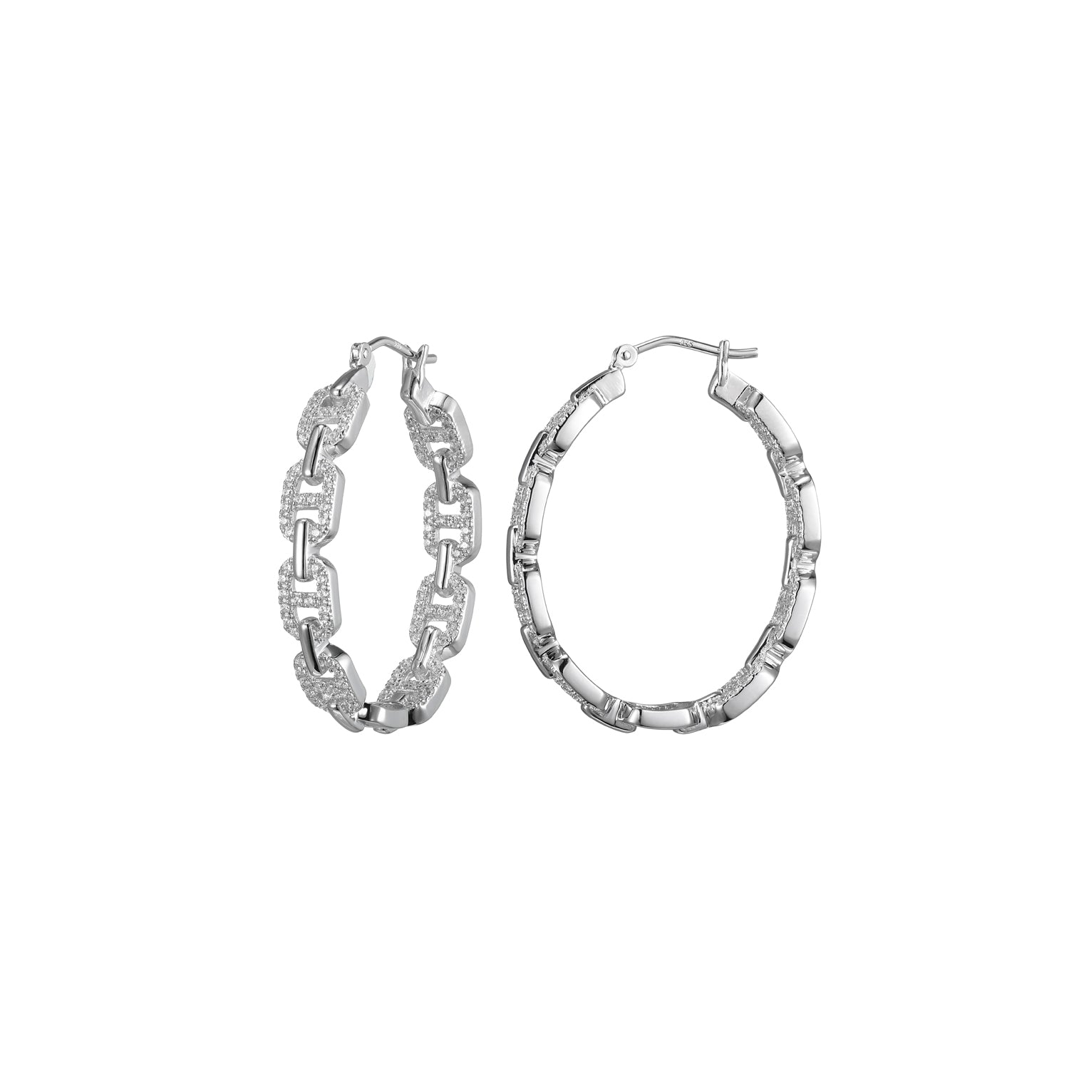 Sterling Silver Marina Link Cubic Zirconia  35Mm Hoop Rhodium Finish