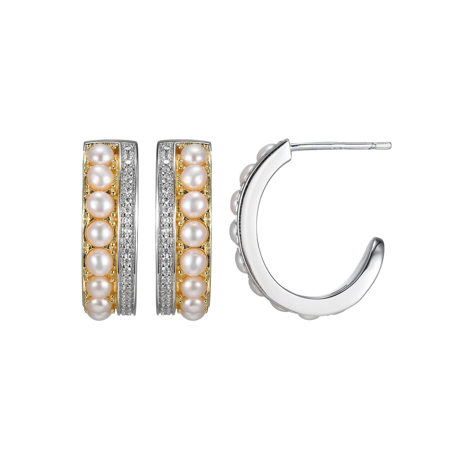 Sterling Silver Freshwater Pearl And Cubic Ziconia 20.5Mm Hoop Post Earring, Yellow Gold And Rhodium Finish