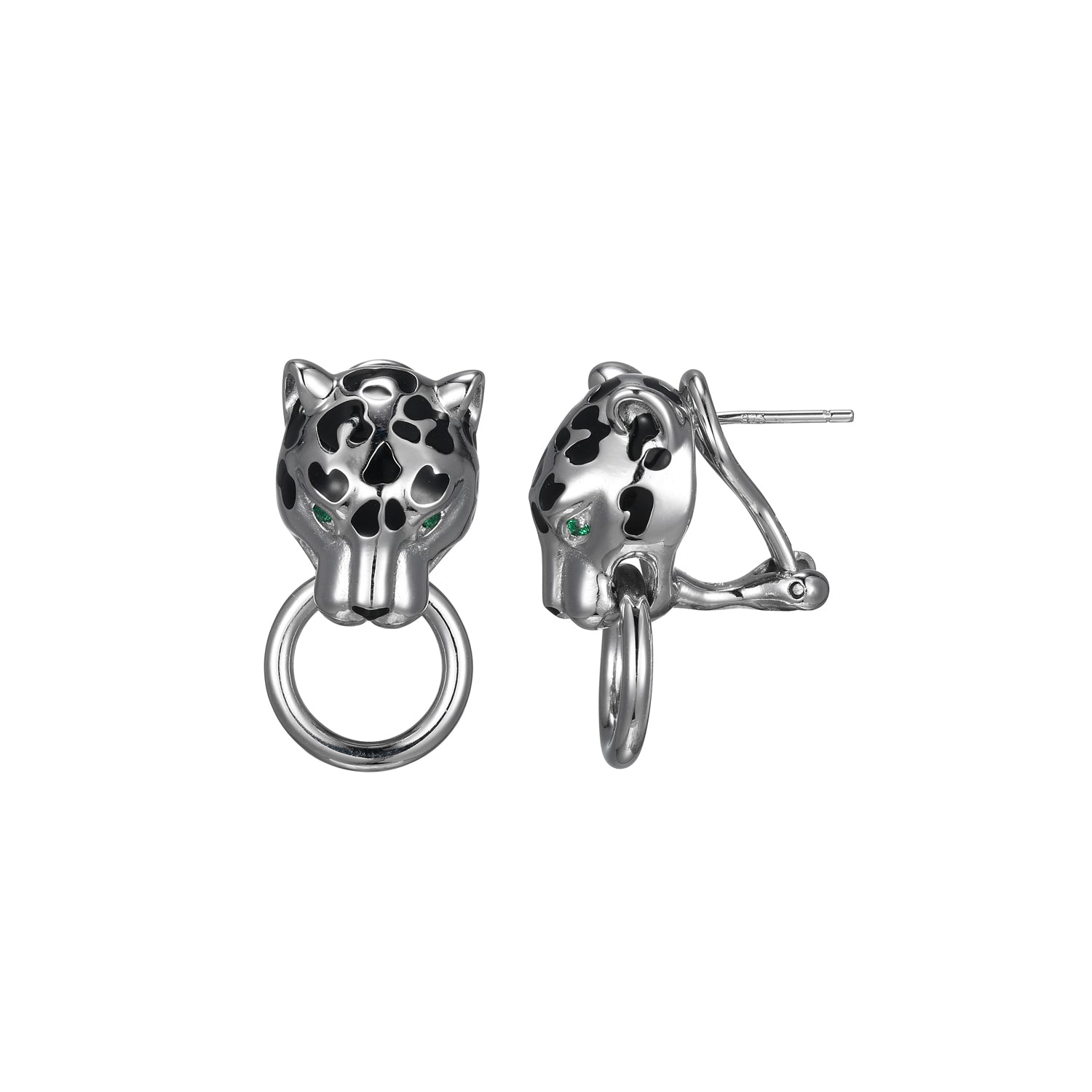 Sterling Silver Cubic Zirconia And Epoxy Panther Door Knocker Earring Rhodium Finish