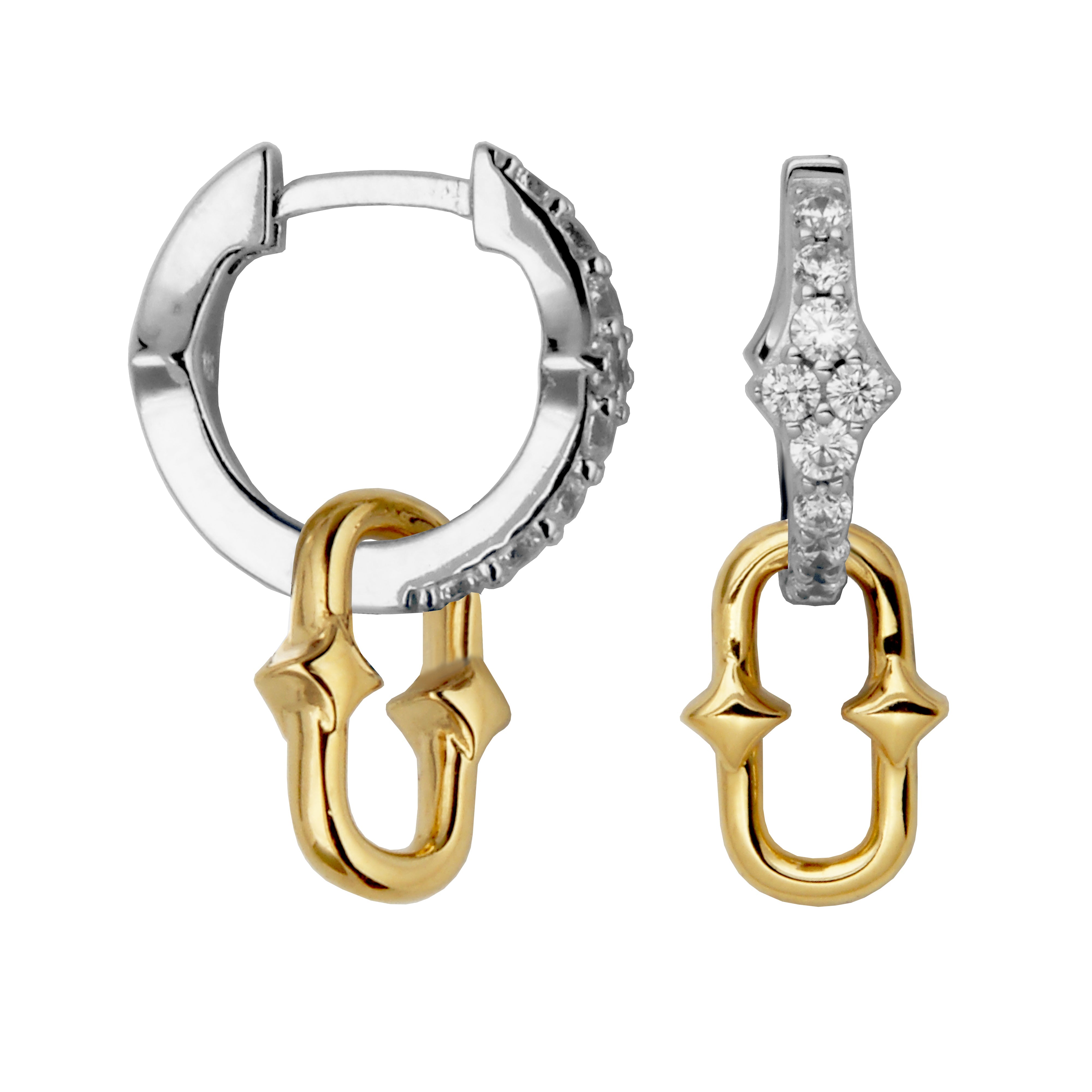 Sterling Silver Cubic Zirconia Updated Paperclip  Hoop Drop Earring Yellow Gold And Rhodium Finish