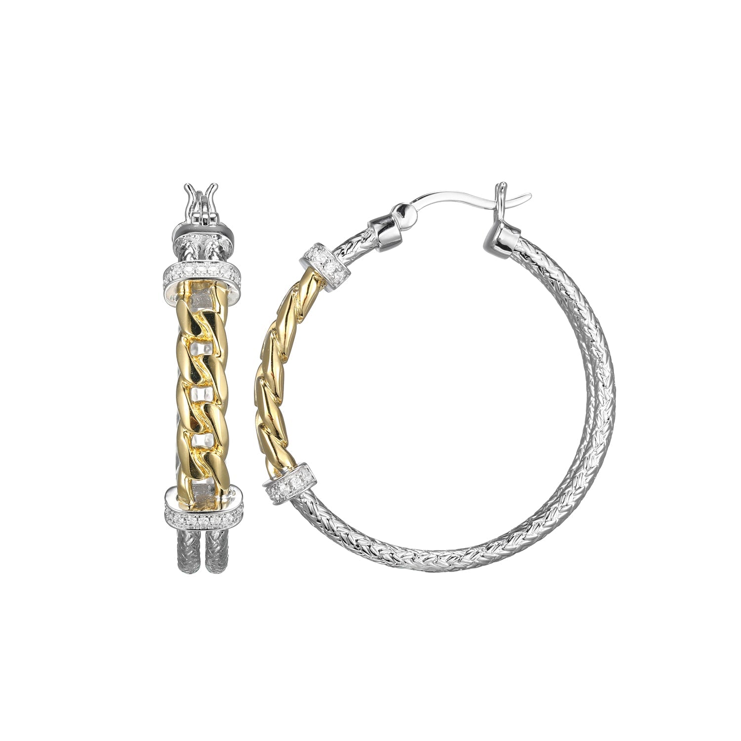 Sterling Silver Classic Mesh Cubic Zirconia Link Station 35 Mm Hoop Earring Rhodium And Yellow Gold Finish