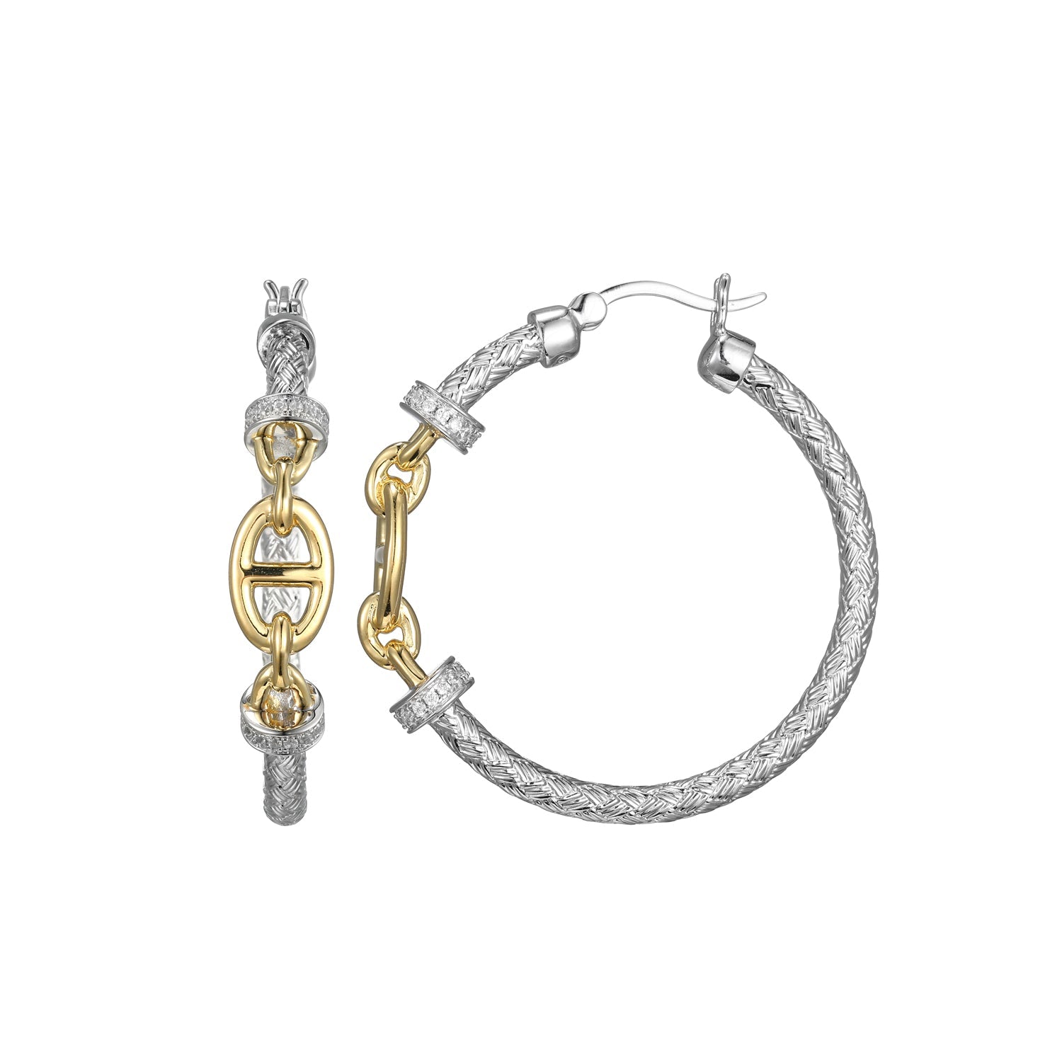 Sterling Silver Classic Mesh Cubic Zirconia Marina Link Station 35 Mm Hoop Rhodium And Yellow Gold Finish