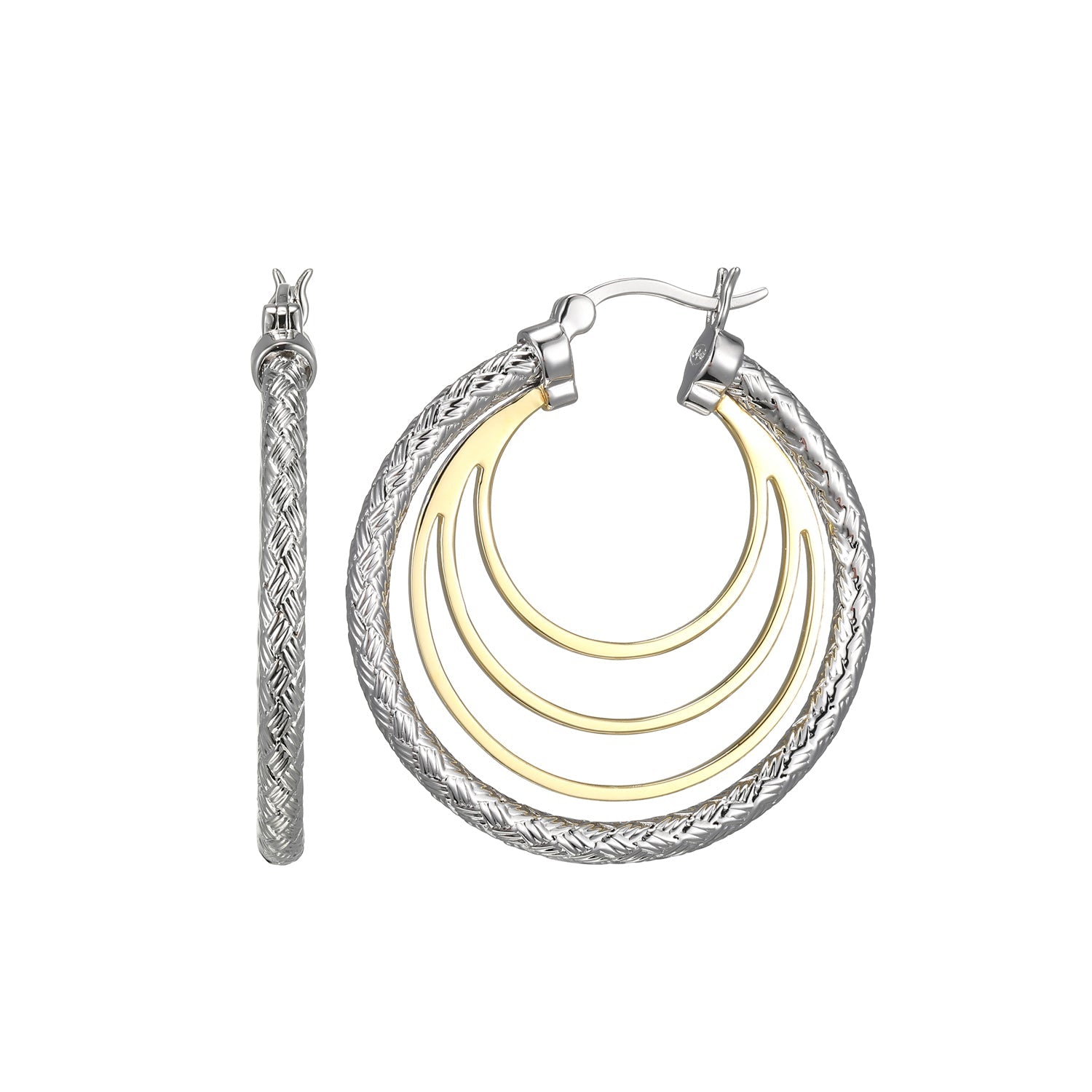 Sterling Silver Classic Mesh Inner Spiral 35 Mm Hoop Earring Rhodium And Yellow Gold Finish