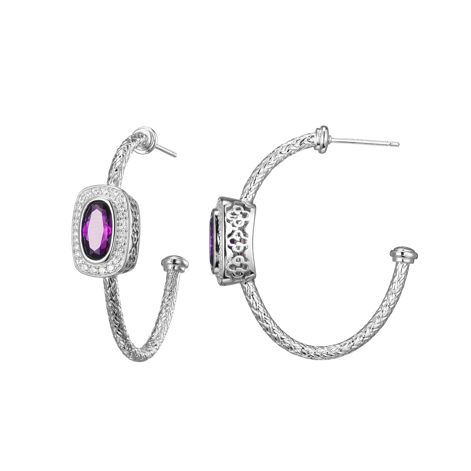 Sterling Silver Classic Mesh 2 Genuine Amethyst And Cubic Zirconia 35Mm Post Hoop Rhodium Finish