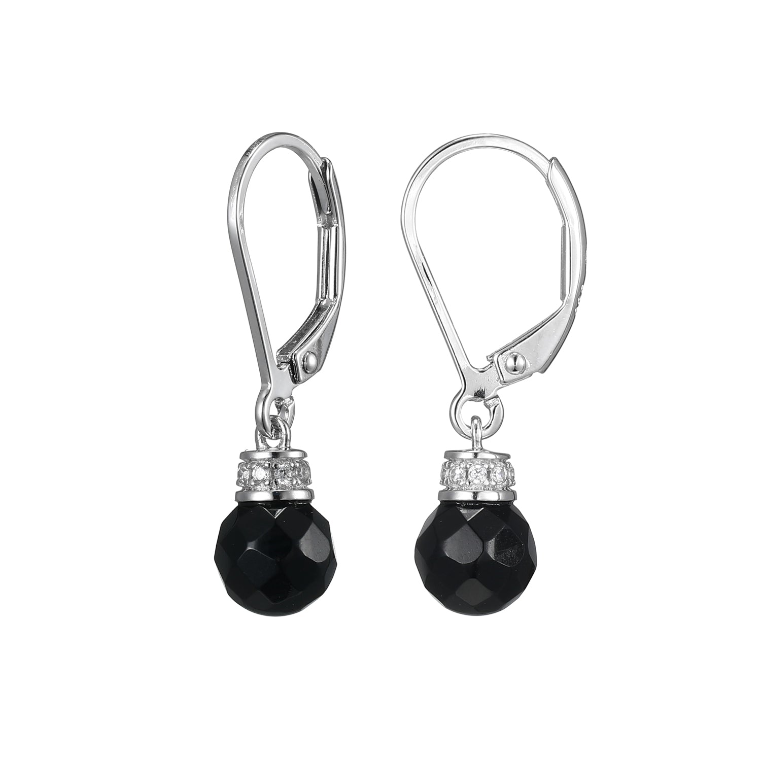 Sterling Silver Black Agate And Cubic Zirconia Drop Earring Rhodium Finish