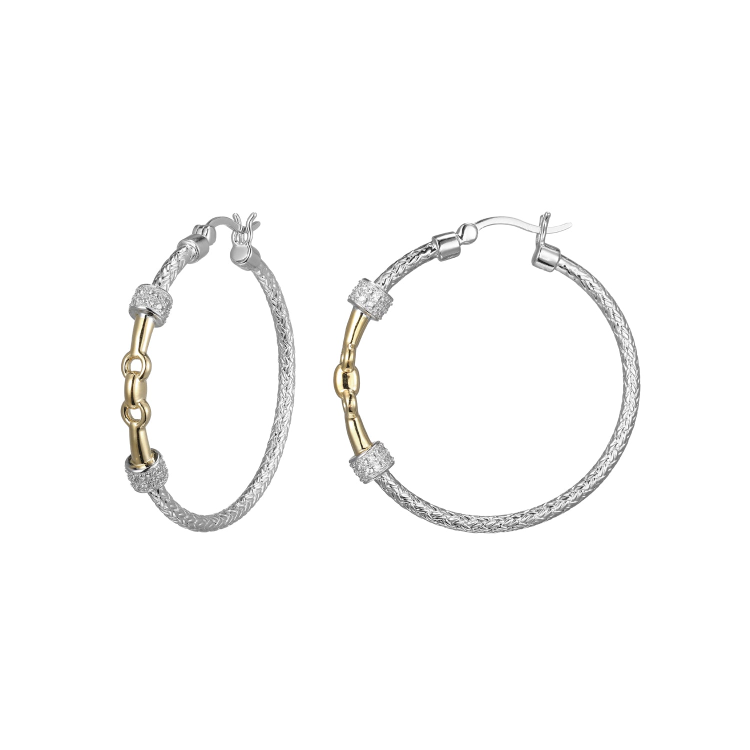 Sterling Silver Classic Mesh Equestrian Cubic Zirconia 35Mm Hoop Earring Rhodium And Yellow Gold Finish