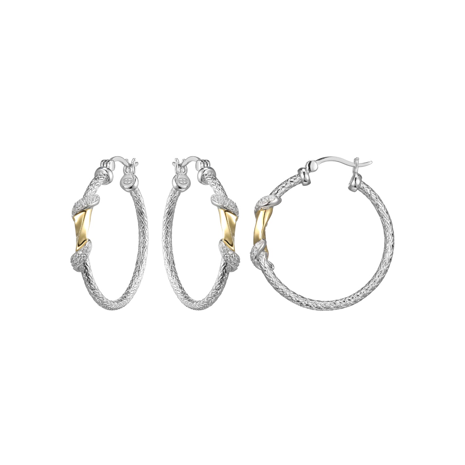 Sterling Silver Classic Mesh Cubic Zirconia Twist 30 Mm Hoop Earring Rhodium And Yellow Gold Finish