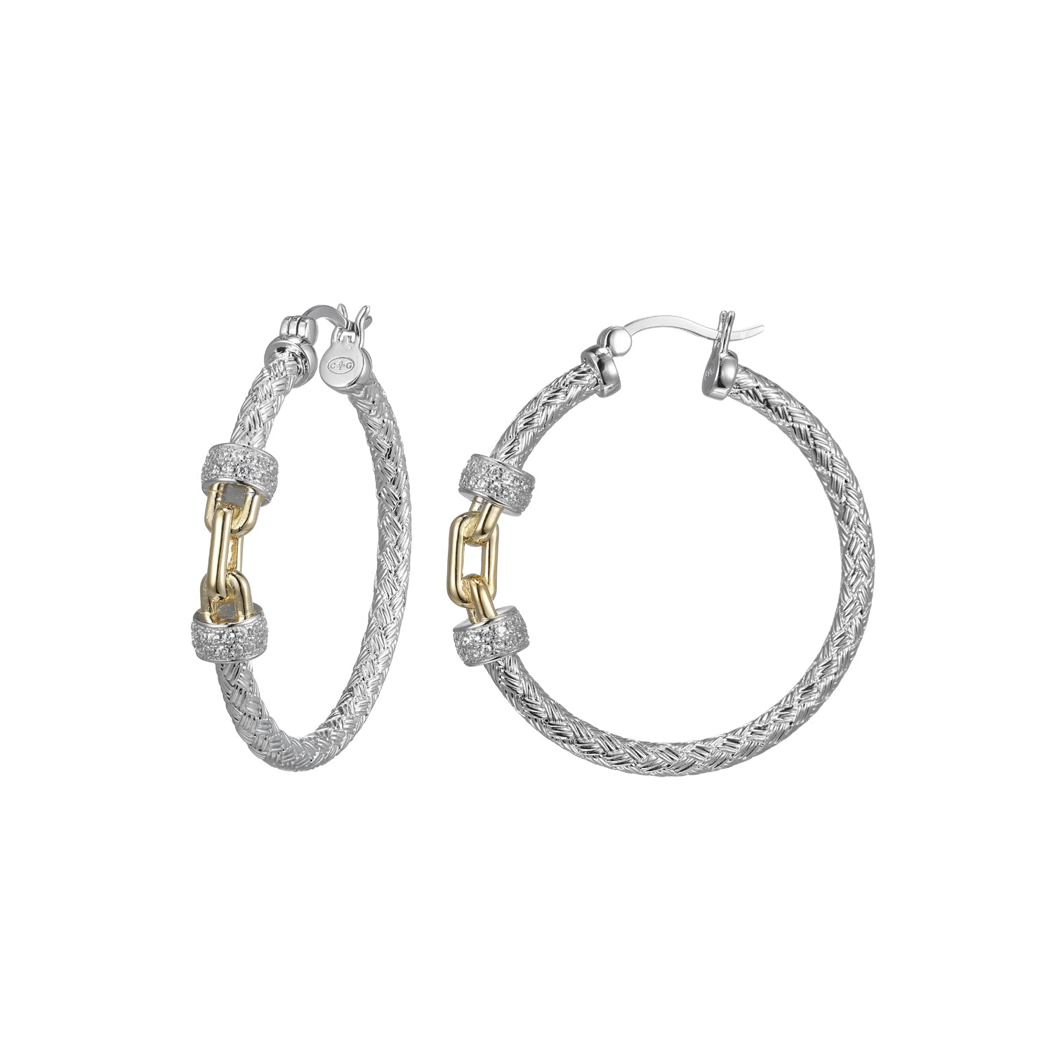 Sterling Silver Classic Mesh Cubic Zirconia Link Station 35Mm Hoop Rhodium And Yellow Gold Finish