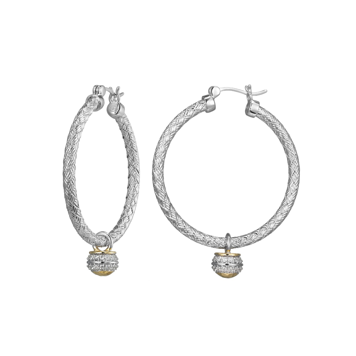 Sterling Silver Classic Mesh Cubic Zirconia 35Mm Hoop Earring Rhodium And Yellow Gold Finish
