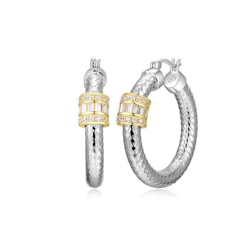 Sterling Silver New Mesh 2 Cubic Zirconia Baguette Station 35Mm Hoop Earring Rhodium And Yellow Gold Finish