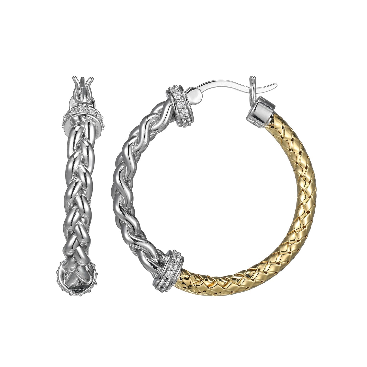 Sterling Silver New Mesh 2 Cubic Zirconia 30 Mm Hoop Earring Yellow Gold And Rhodium Finish