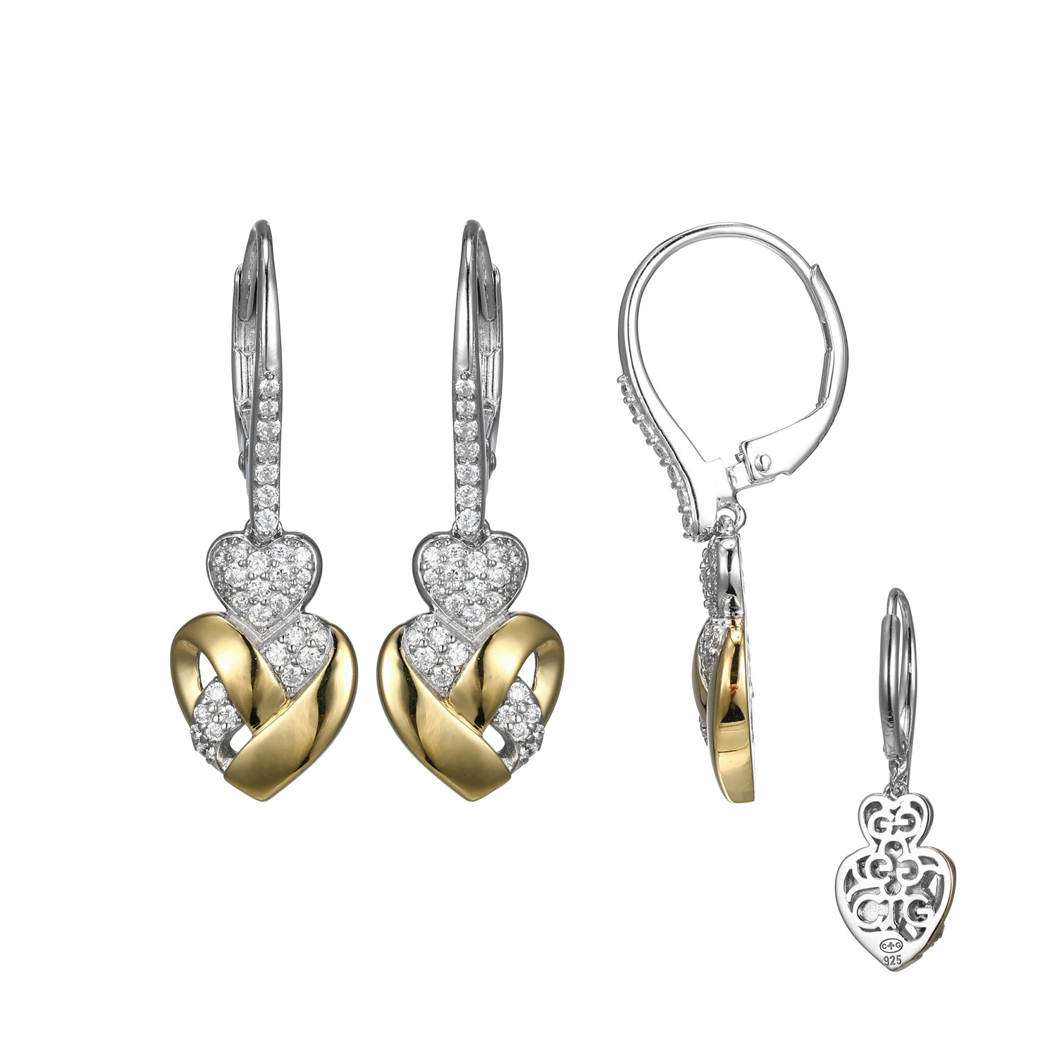 Sterling Silver New Mesh 2 Cubic Zirconia Heart Drop Earring Rhodium And Yellow Gold Finish