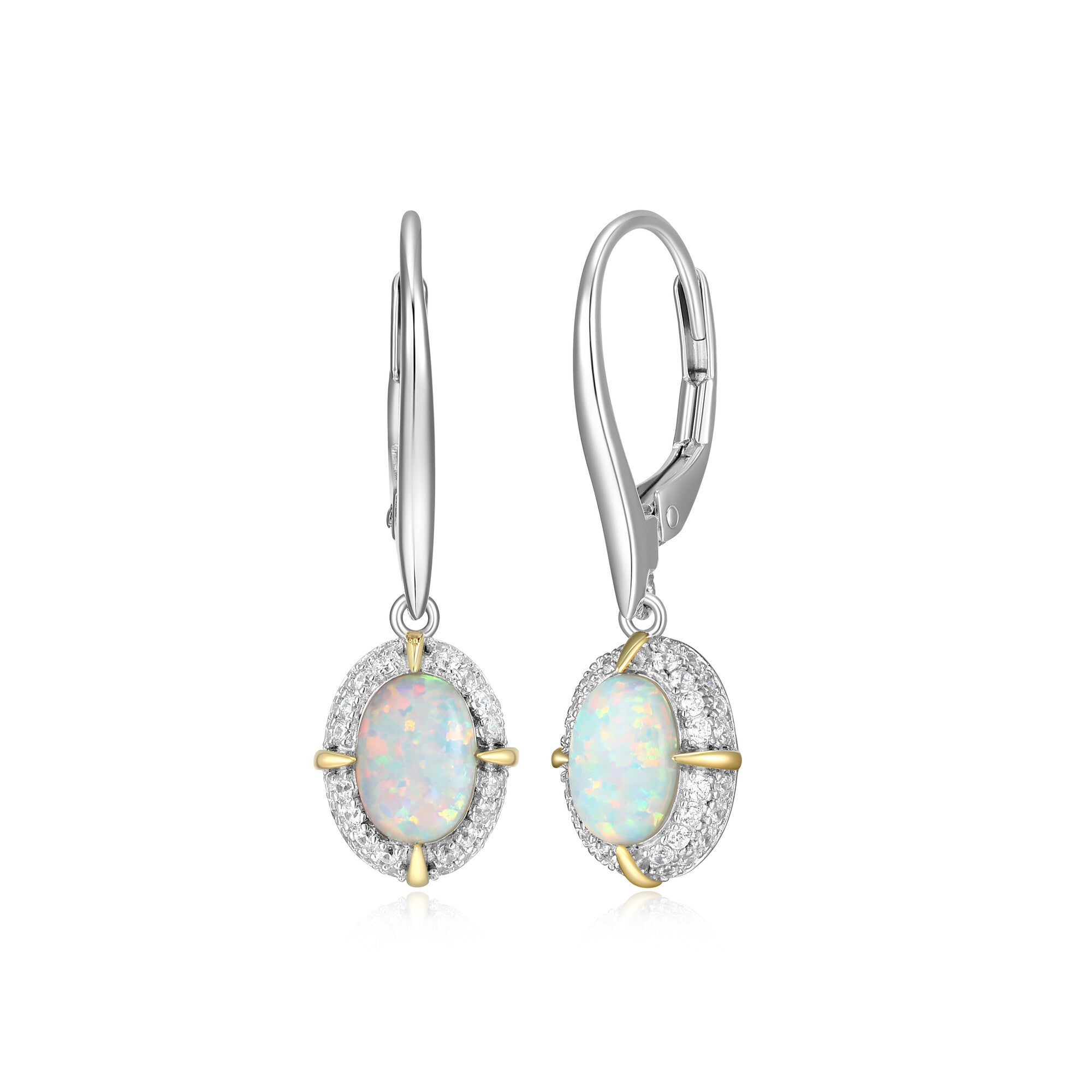 Sterling Silver L'Opal Drop Created  Oval Opal And Cubic Zirconia Drop Earring Rhodium And Yellow Gold Finish