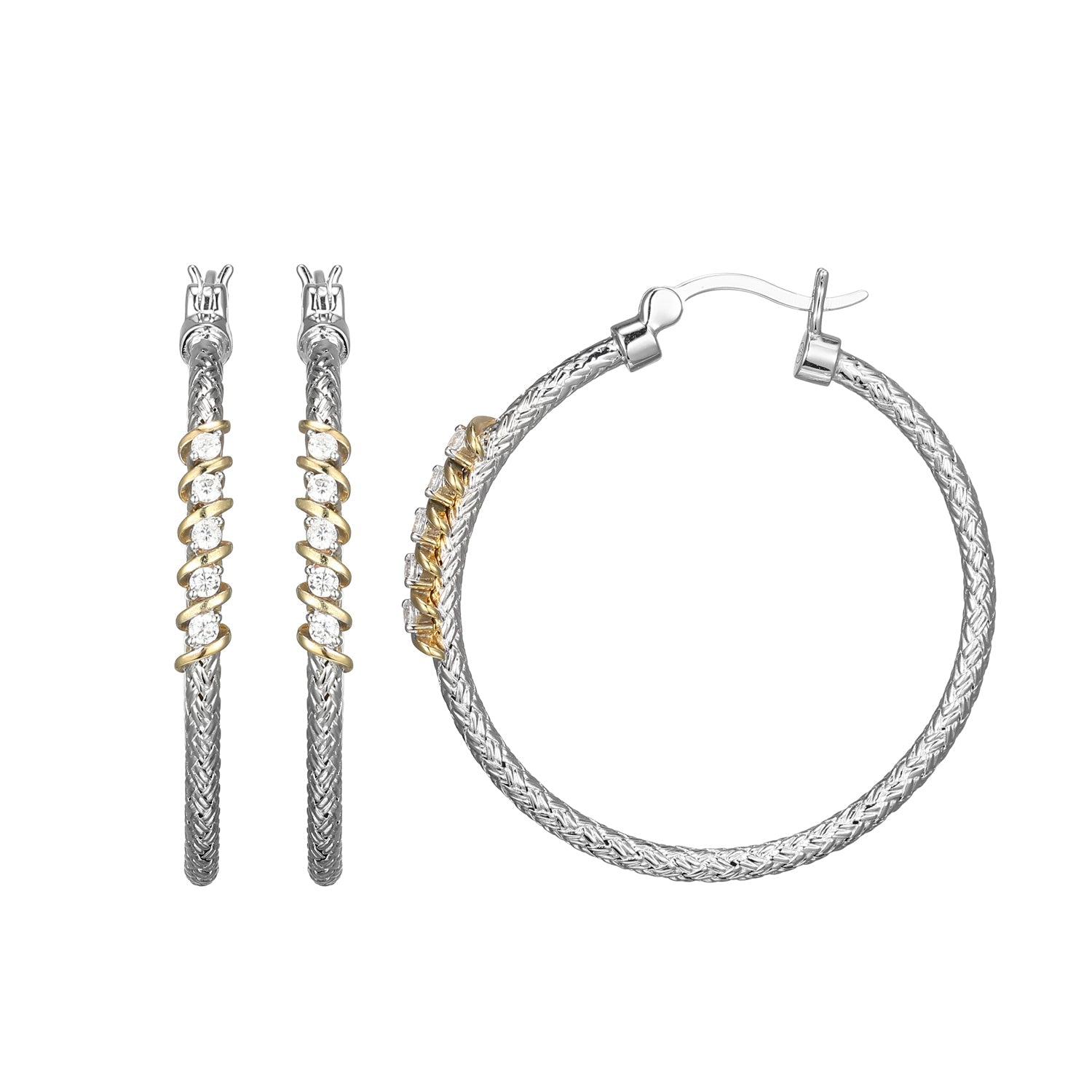 These Hoop Earrings From Charles Garnier's Flourish Collection Exude Elegance With Sterling Silver Featuring Rhodium And Yellow Gold Finish, Highlighted By Sparkling Cubic Zirconia. Measuring 35mm, They Offer A Modern Twist On A Classic Style.