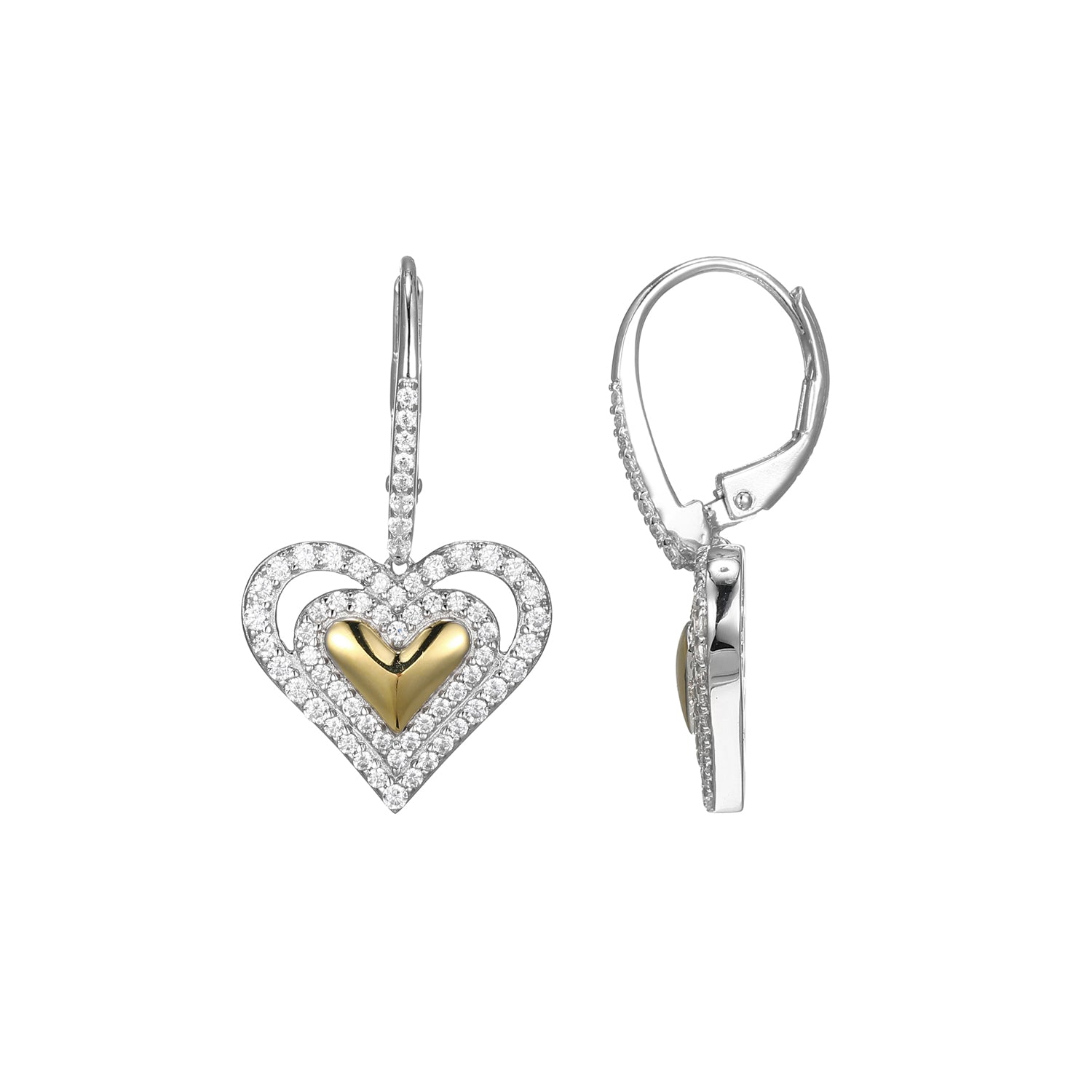 These Drop Earrings From The Serena Collection Showcase A Delicate Heart Design Embellished With Shimmering Cubic Zirconia, Set In Sterling Silver With Rhodium And Yellow Gold Finish. Measuring 28X15Mm, They Provide A Subtle Yet Striking Look.
