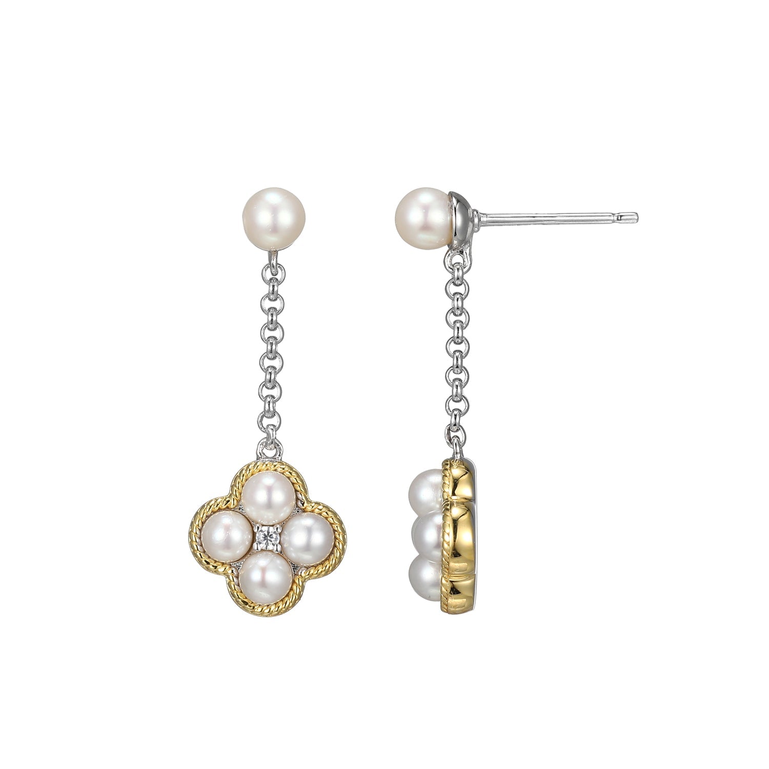These Drop Earrings From The TrãˆFle Collection Exude Elegance With Cubic Zirconia And Genuine Freshwater Pearl Accents. Crafted From Sterling Silver With Rhodium And Yellow Gold Finish, These Earrings Offer A Touch Of Sophistication To Any Ensemble.