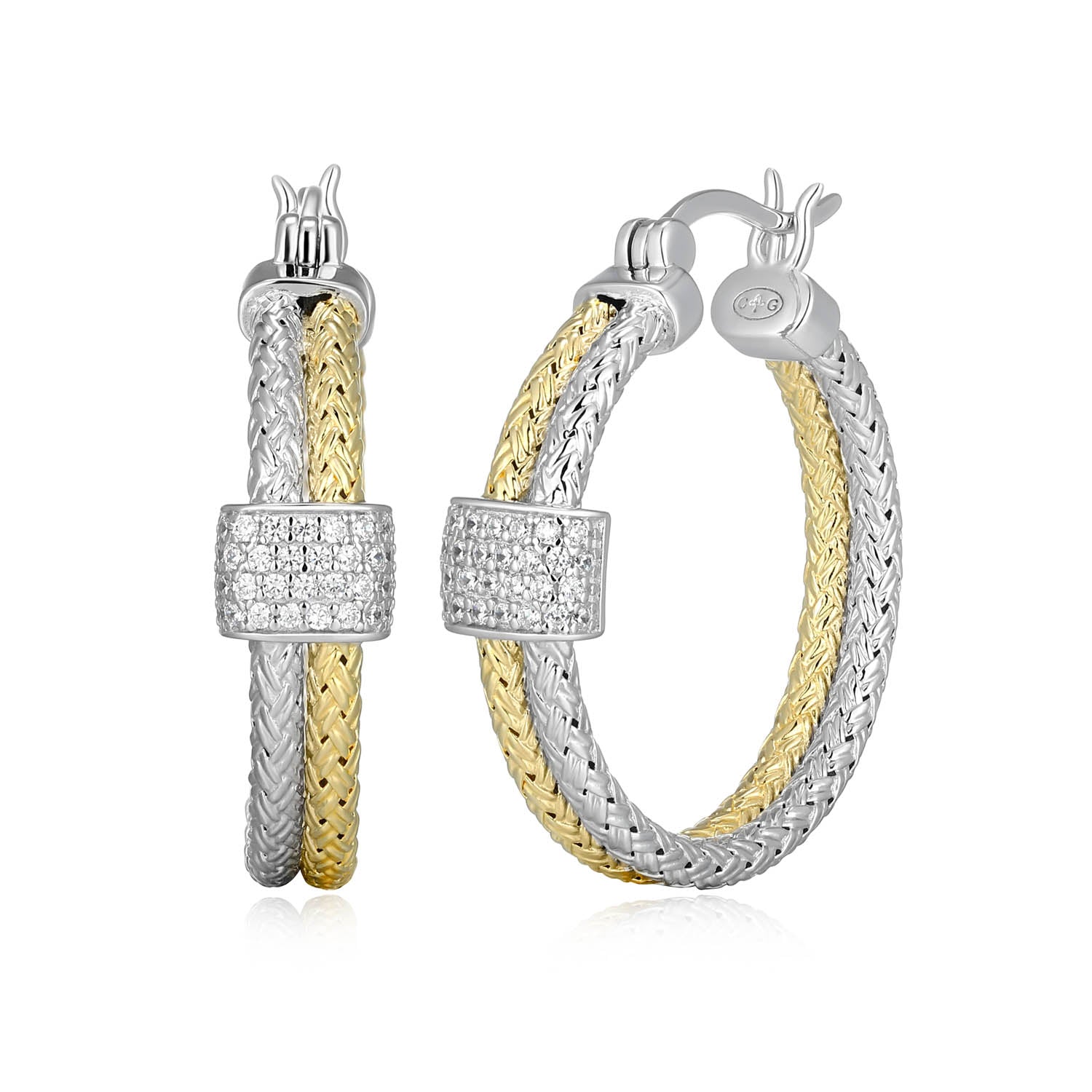 Sterling Silver Charles Garnier "duo Luxe" Rhodium And Yellow Gold Plated Cz Earrings 25mm
