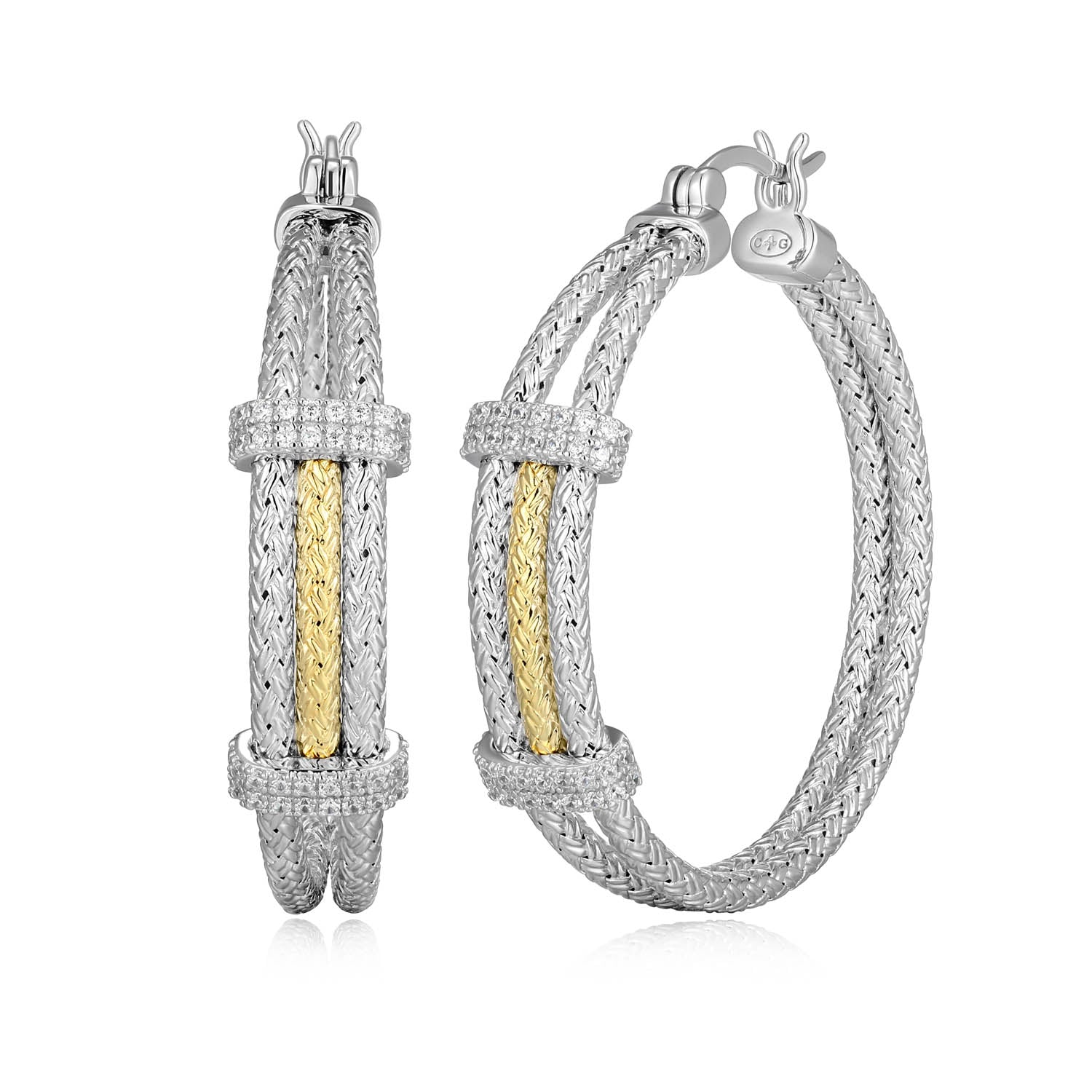 Sterling Silver Charles Garnier "duo Luxe" Rhodium And Yellow Gold Plated Cz Earrings 35mm