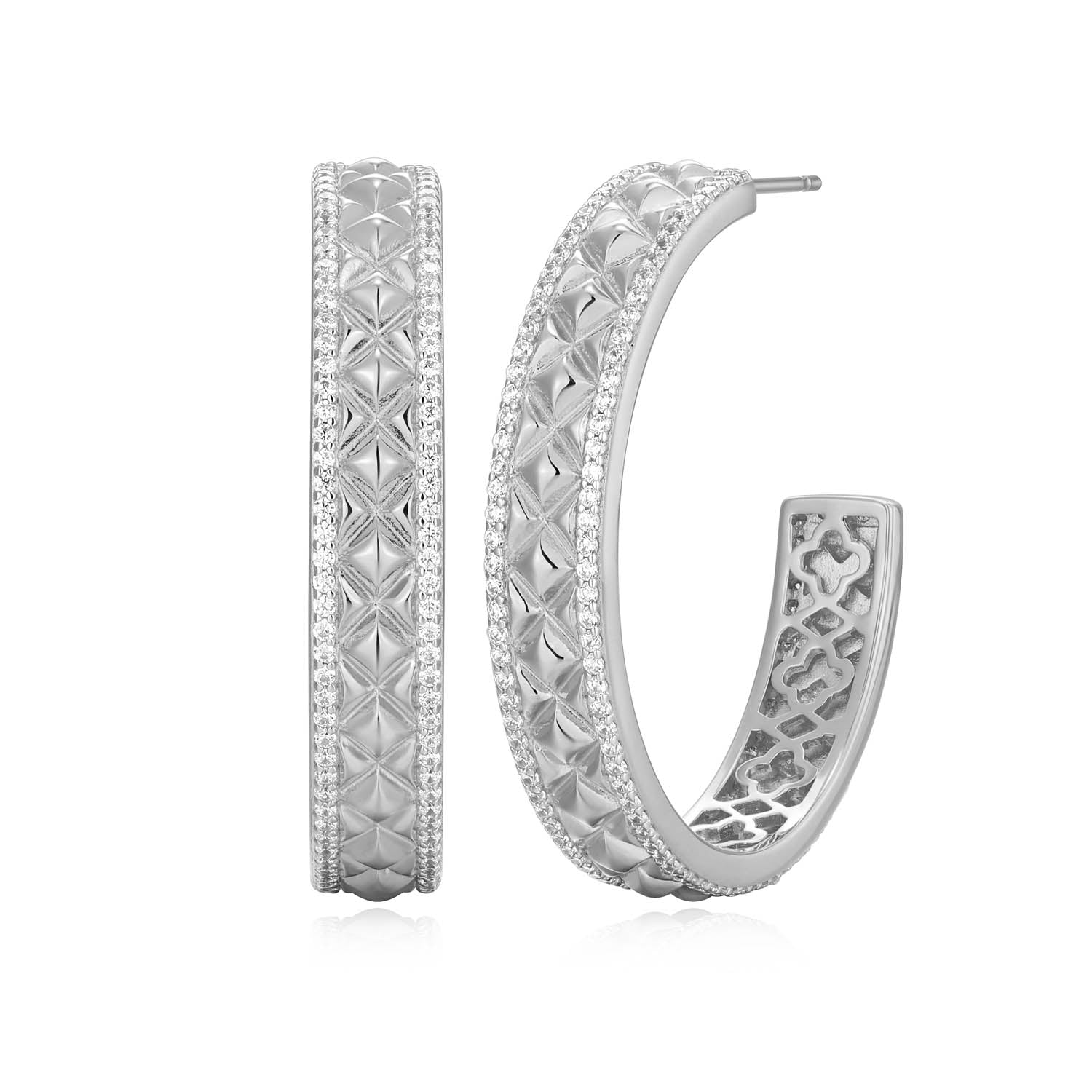 Sterling Silver Charles Garnier "quilted" Rhodium Plated Cz Earrings 35mm