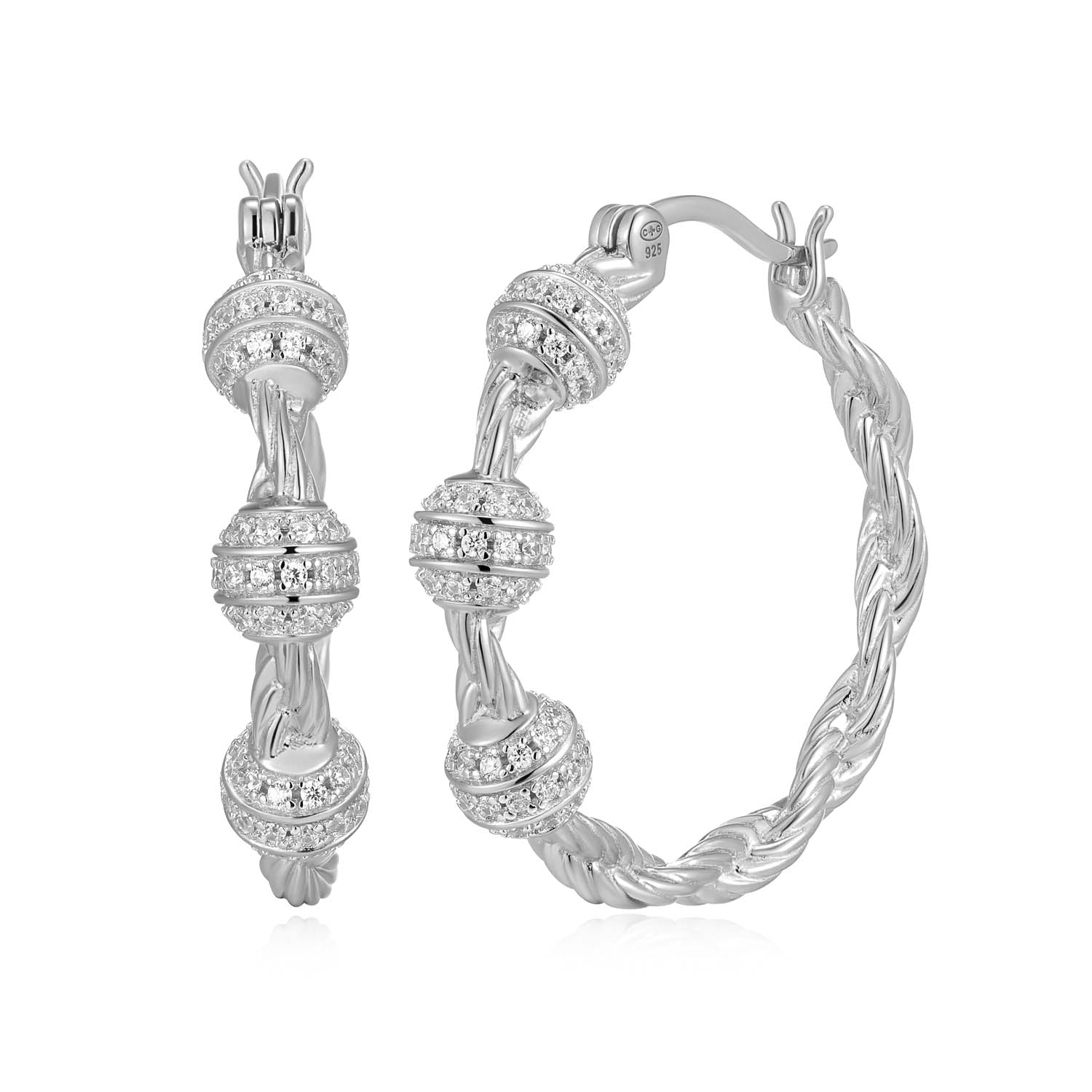 Sterling Silver Charles Garnier "rope" Rhodium Plated Cz Earrings 30mm