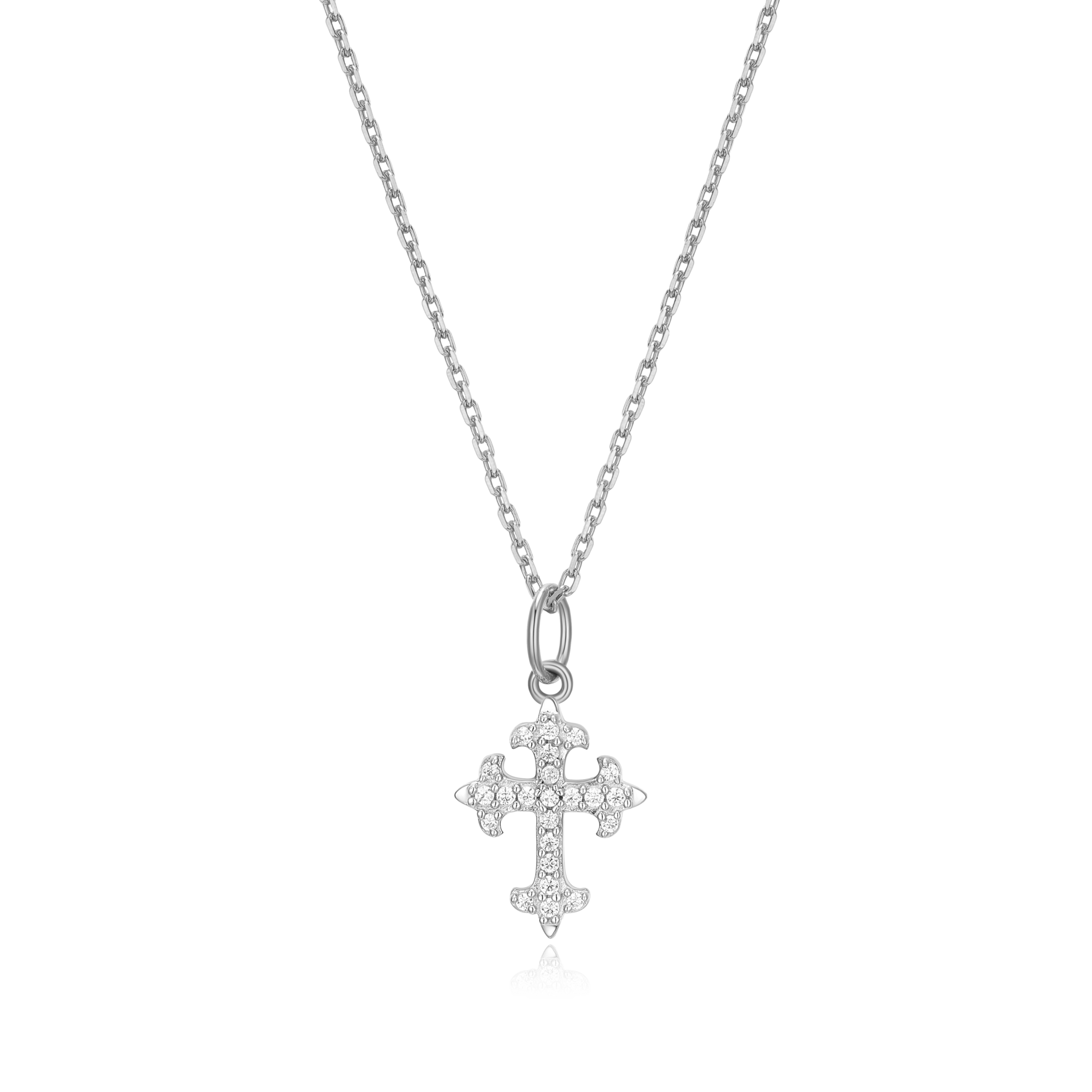 BN0021W - Flory Cross Pendant Necklace in Rhodium-Plated Sterling Silver