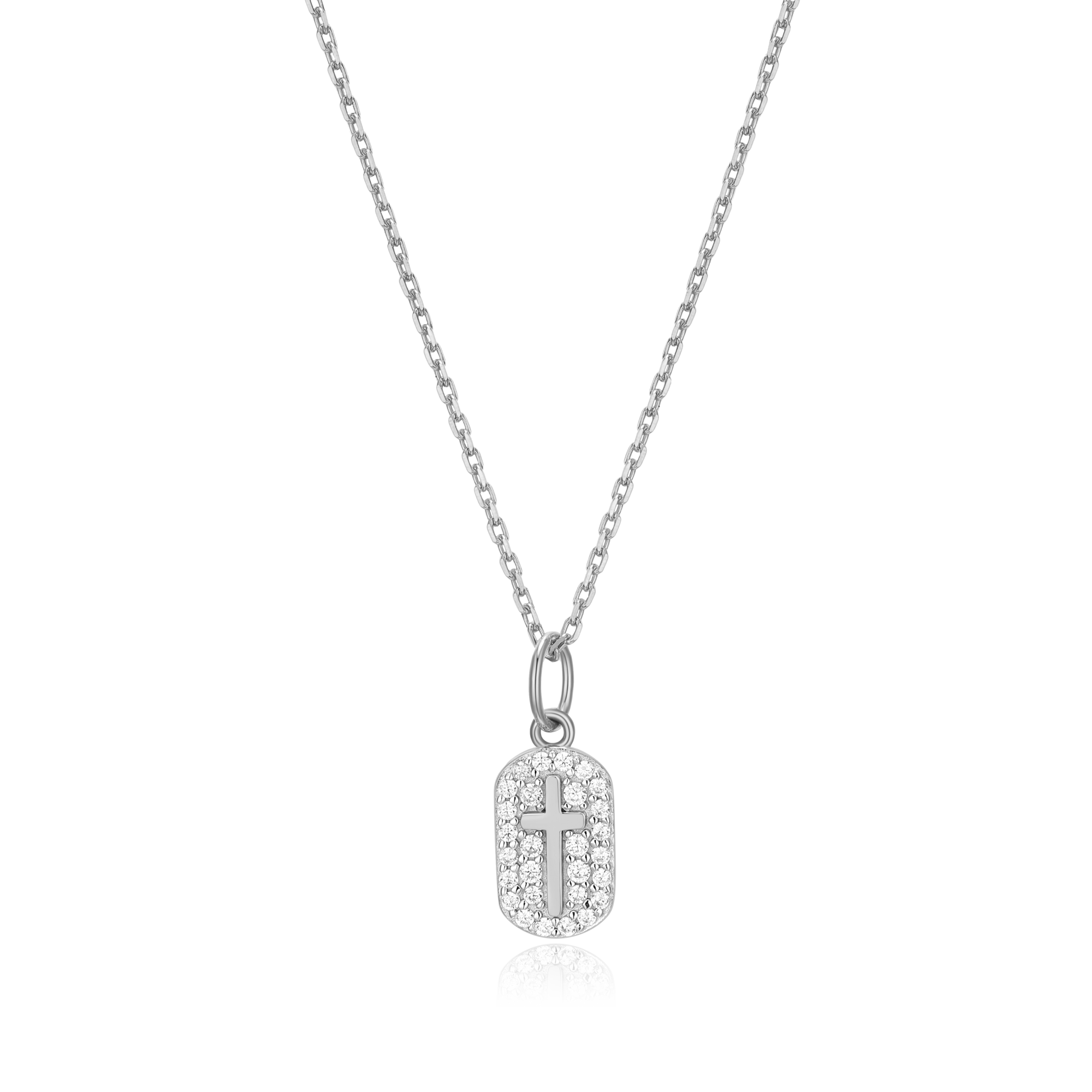 BN0022W - Cross Tag Pendant Necklace in Rhodium-Plated Sterling Silver