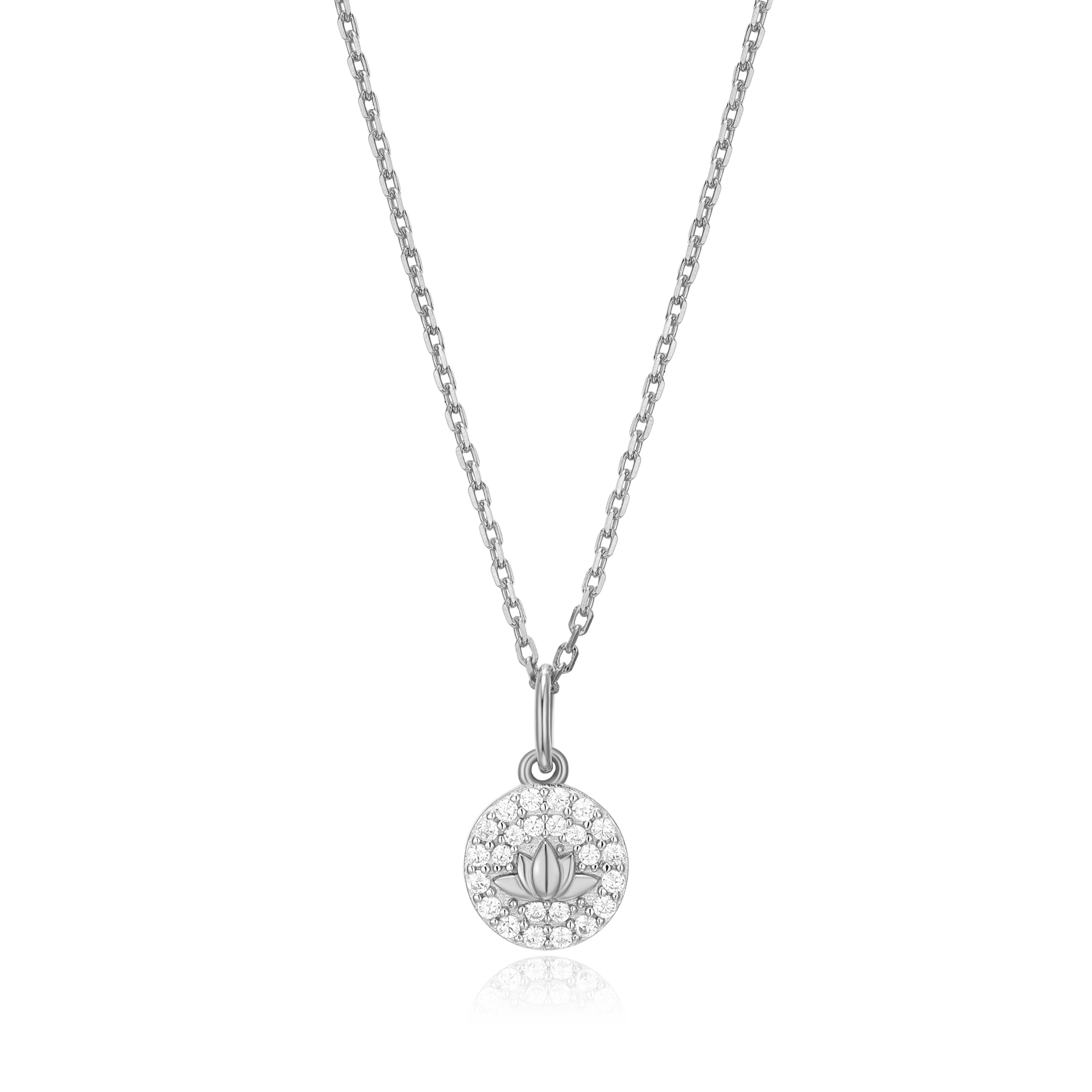 BN0025W - Lotus Tag Pendant Necklace in Rhodium-Plated Sterling Silver