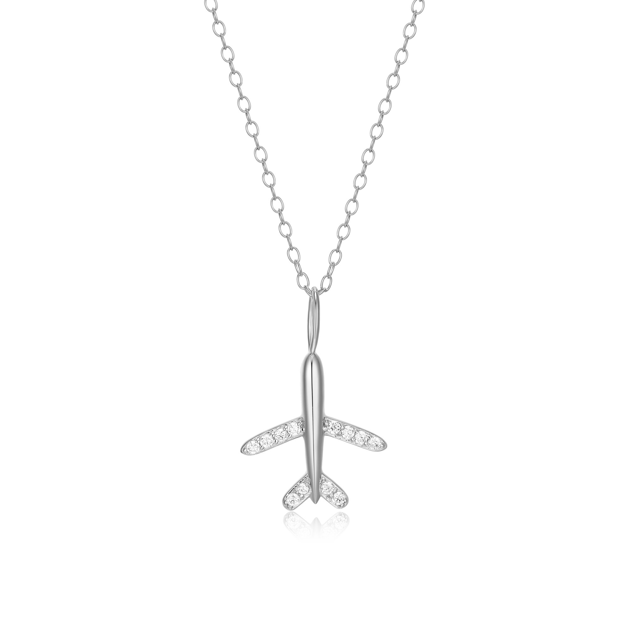 BN0050W - Airplane Pendant Necklace in Rhodium-Plated Sterling Silver
