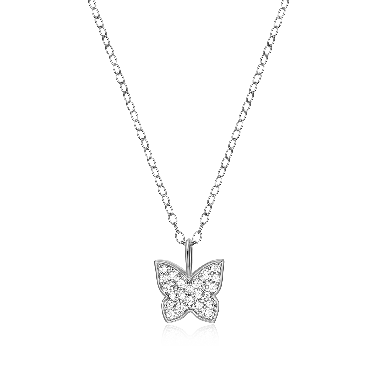 BN0035W - Pave Butterfly Lab-Created Diamond Pendant Necklace in Rhodium-Plated Sterling Silver