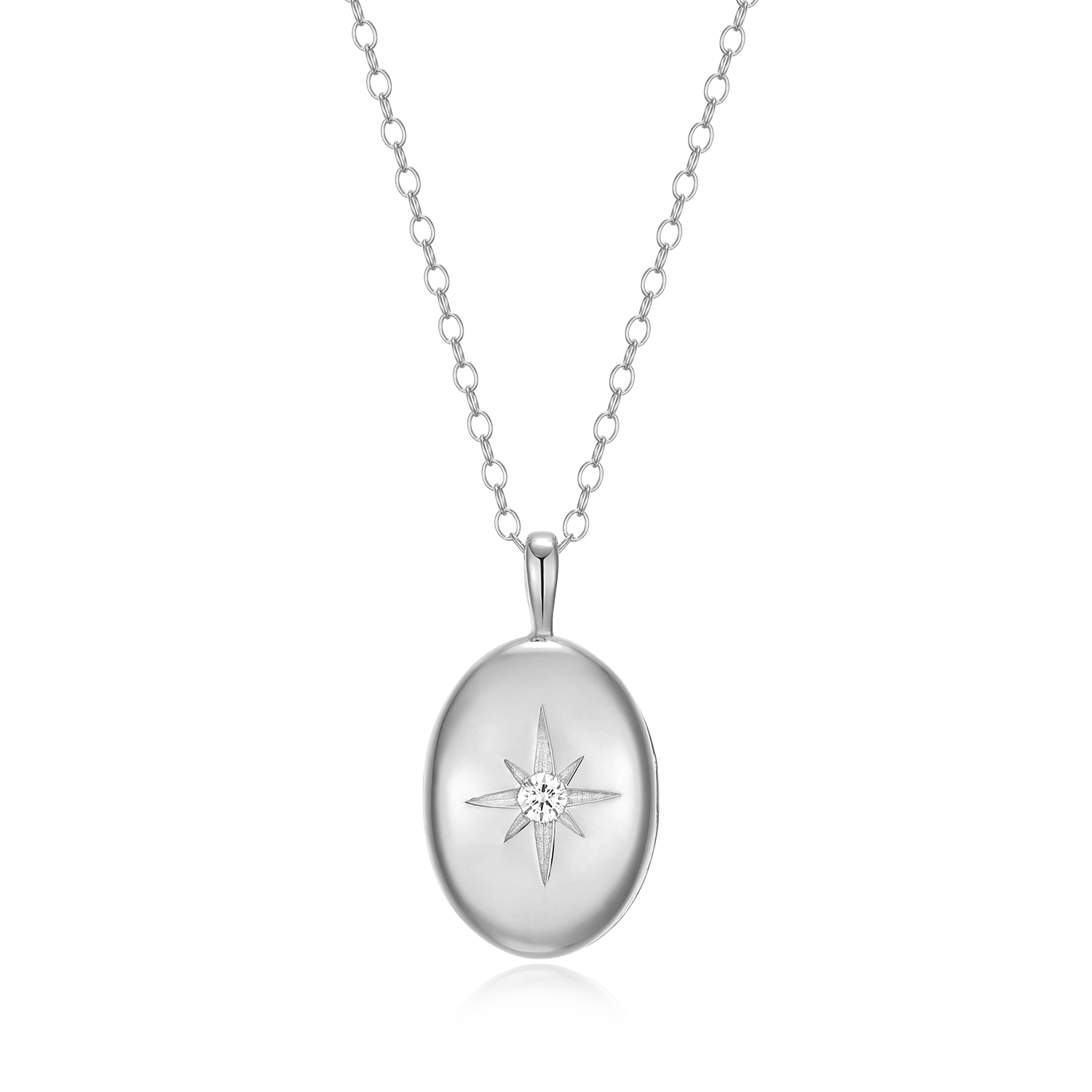 BN0194W - North Star Locket Lab-Created Diamond Pendant Necklace in Rhodium-Plated Sterling Silver