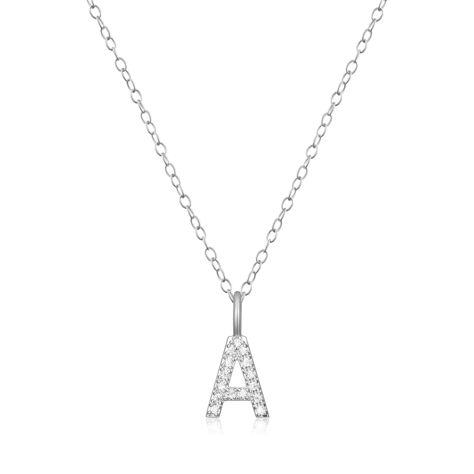 BN0120W - Letter "A" Initial Pendant Necklace in Rhodium-Plated Sterling Silver