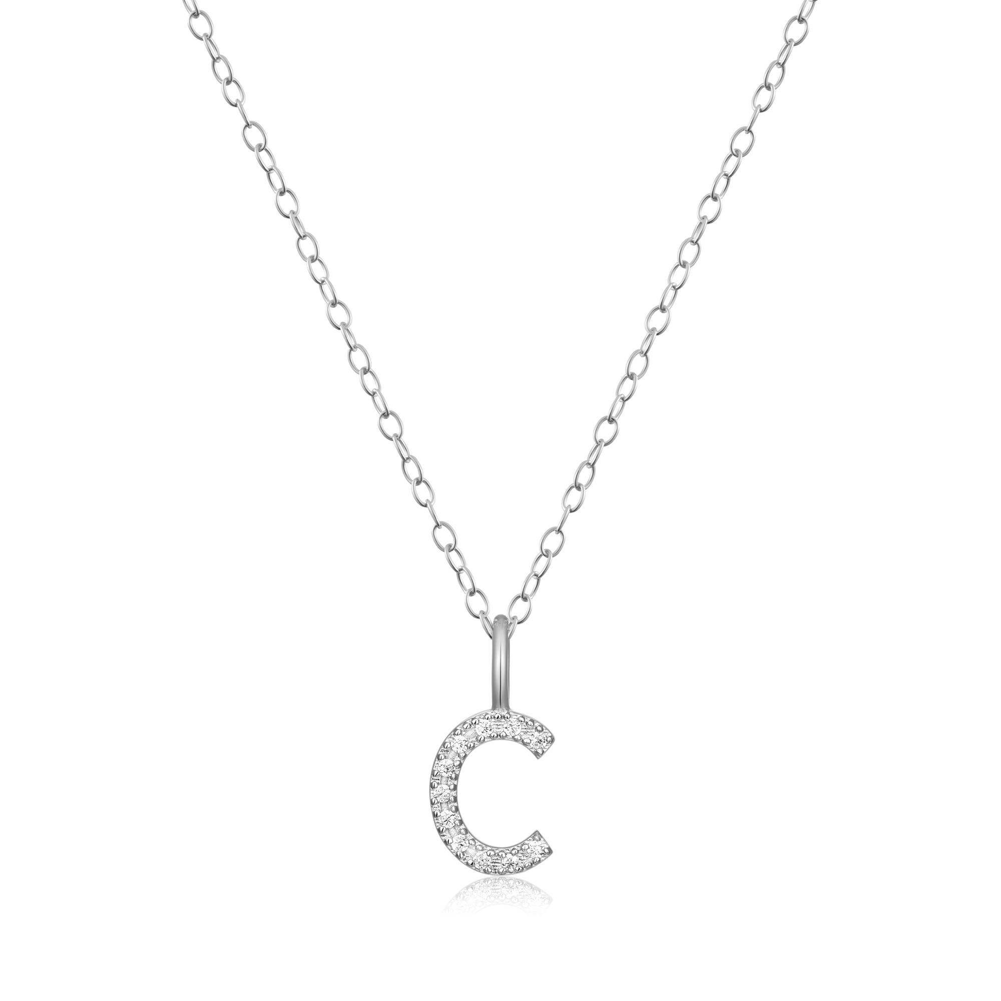 BN0122W - Letter "C" Initial Pendant Necklace in Rhodium-Plated Sterling Silver