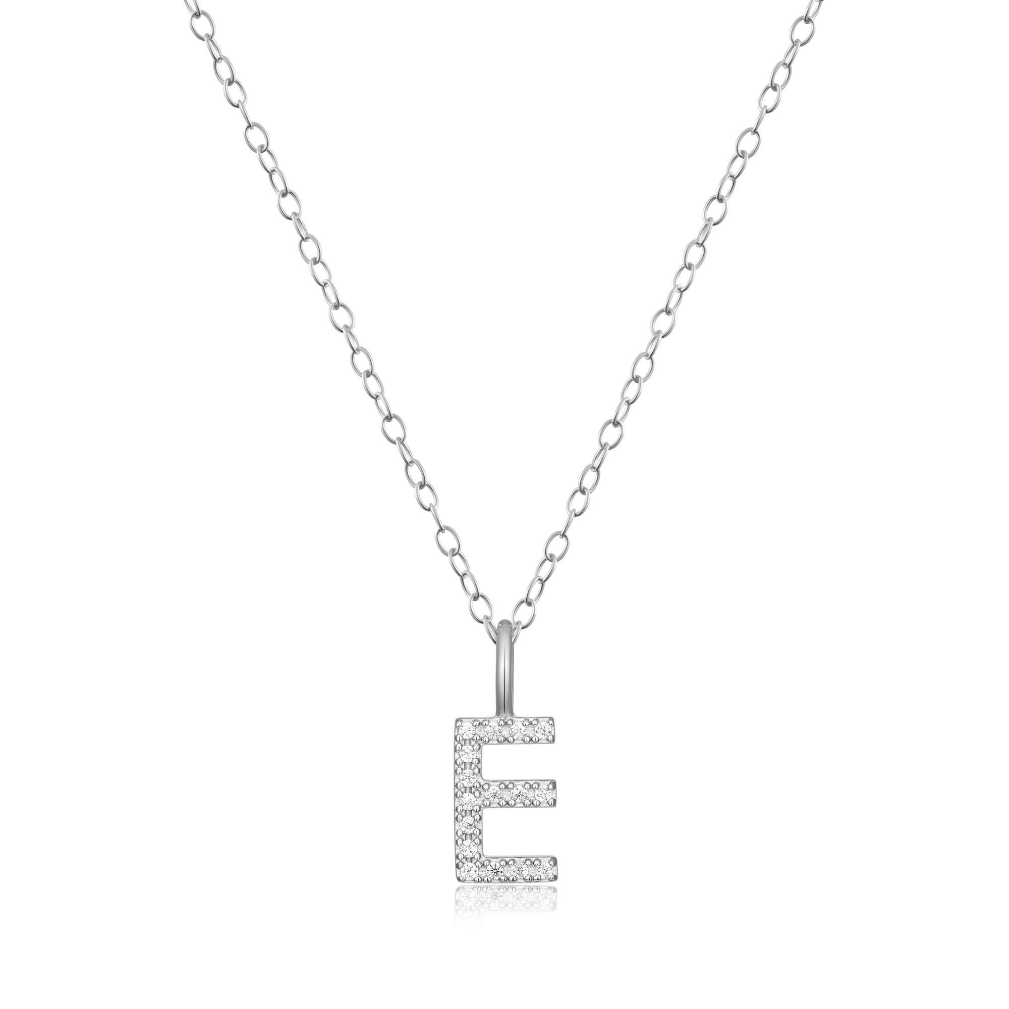 BN0124W - Letter "E" Initial Pendant Necklace in Rhodium-Plated Sterling Silver