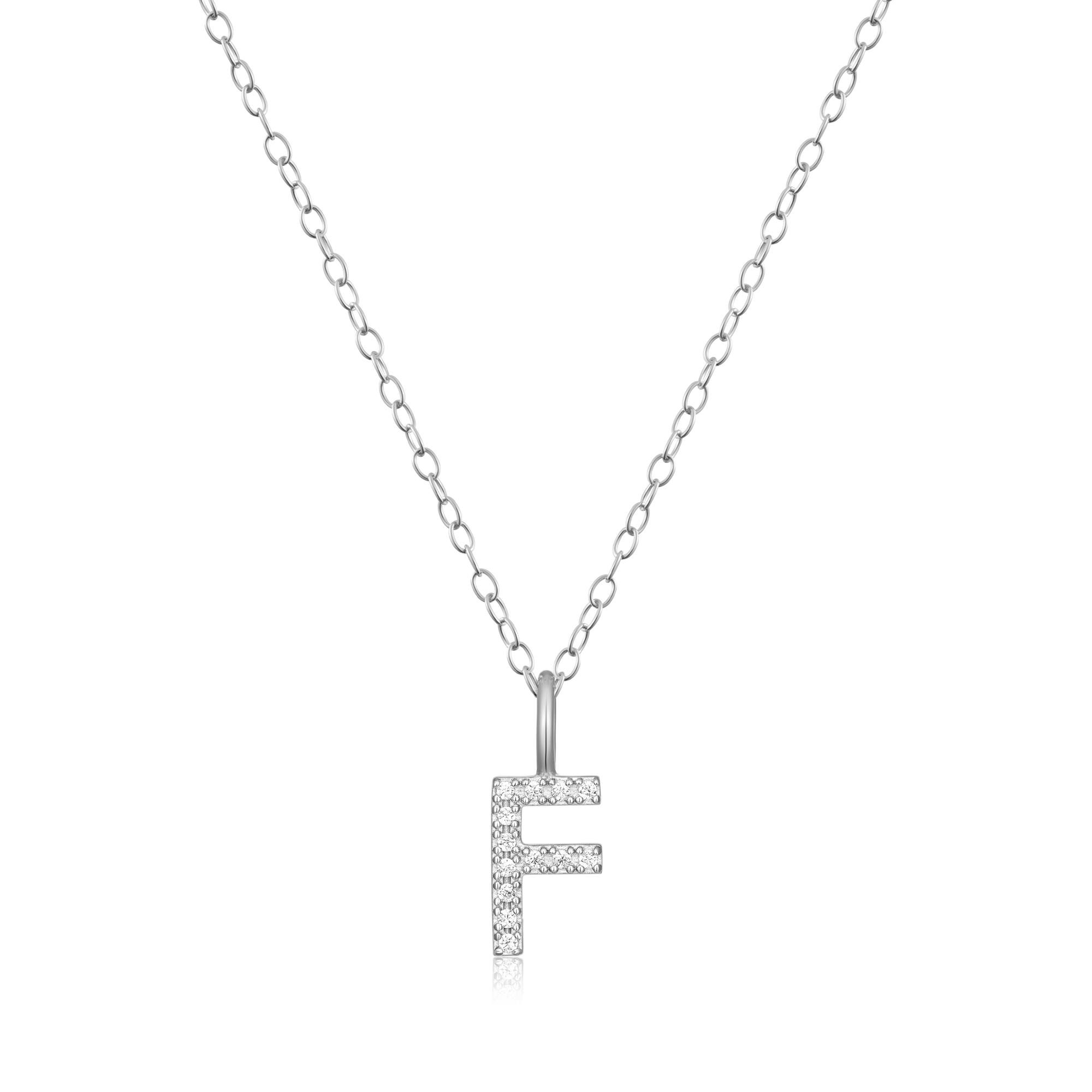 BN0125W - Letter "F" Initial Pendant Necklace in Rhodium-Plated Sterling Silver