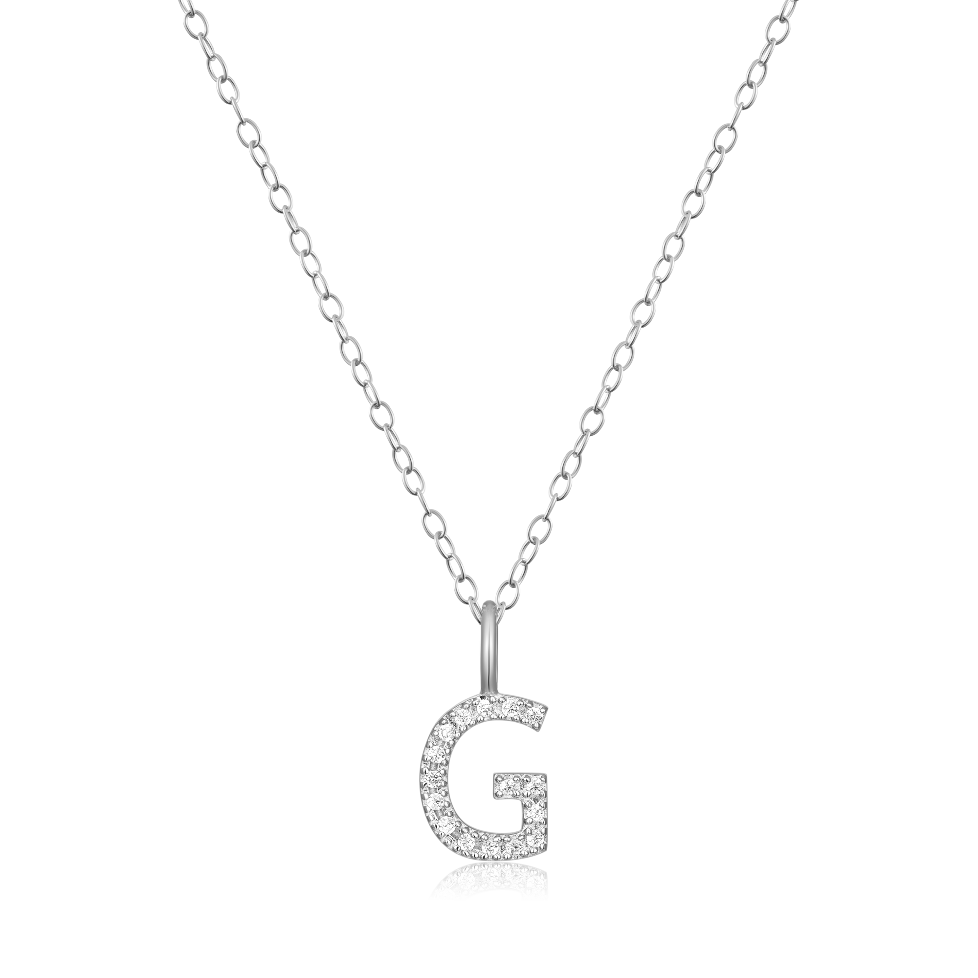 BN0126W - Letter "G" Initial Pendant Necklace in Rhodium-Plated Sterling Silver