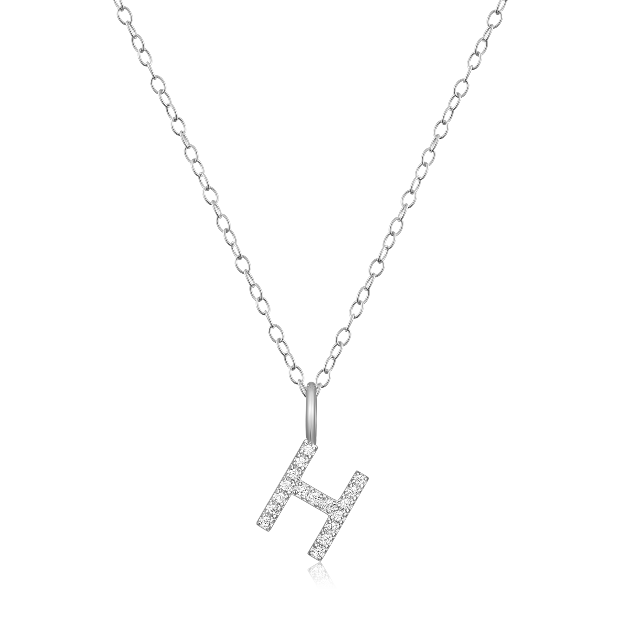 BN0127W - Letter "H" Initial Pendant Necklace in Rhodium-Plated Sterling Silver