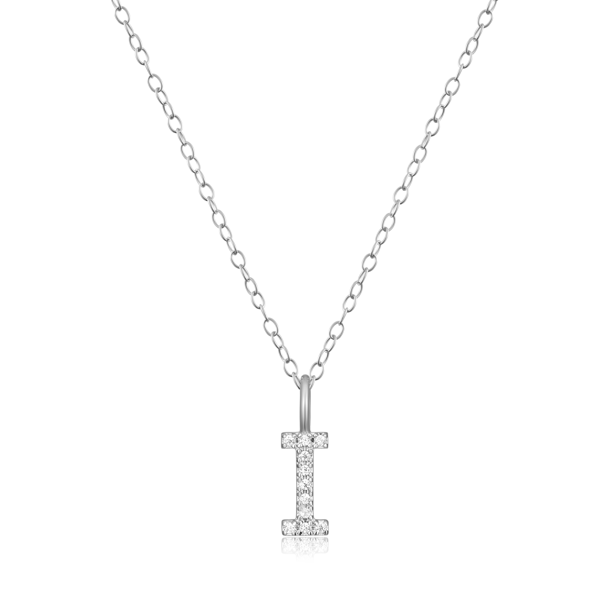 BN0128W - Letter "I" Initial Pendant Necklace in Rhodium-Plated Sterling Silver
