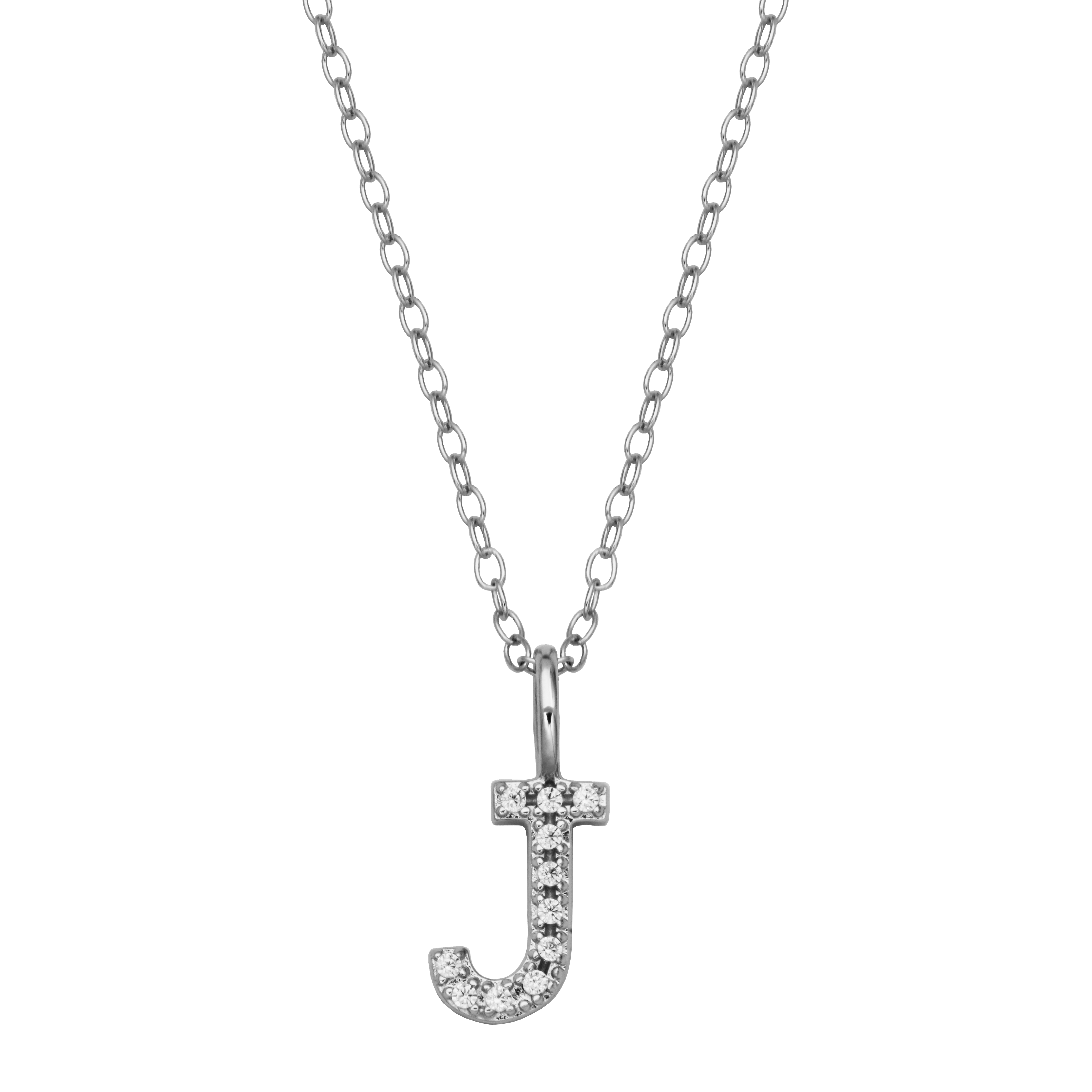 BN0129W - Letter "J" Initial Pendant Necklace in Rhodium-Plated Sterling Silver
