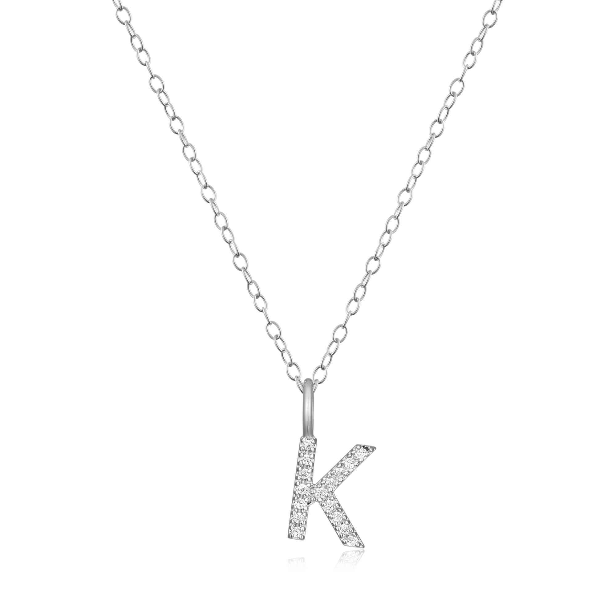 BN0130W - Letter "K" Initial Pendant Necklace in Rhodium-Plated Sterling Silver