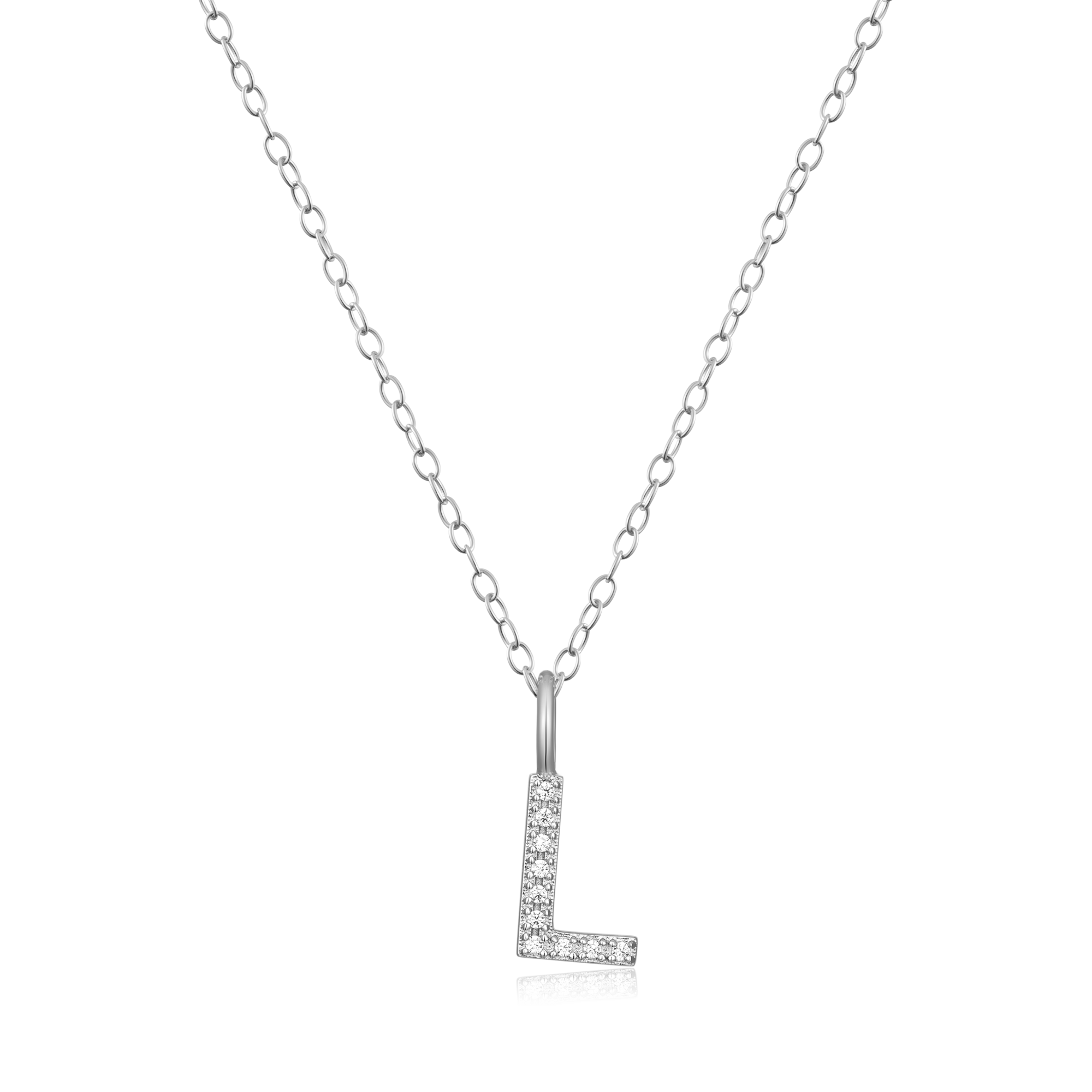 BN0131W - Letter "L" Initial Pendant Necklace in Rhodium-Plated Sterling Silver