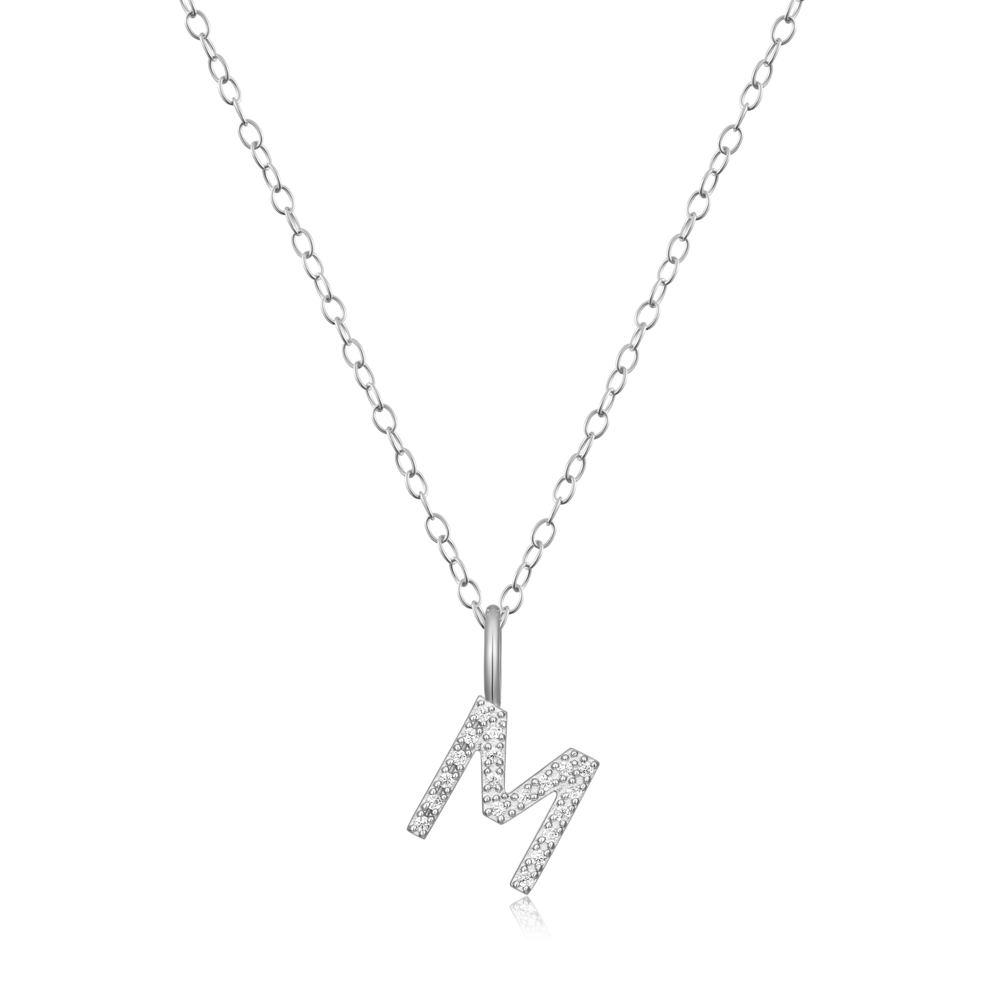 BN0132W - Letter "M" Initial Pendant Necklace in Rhodium-Plated Sterling Silver